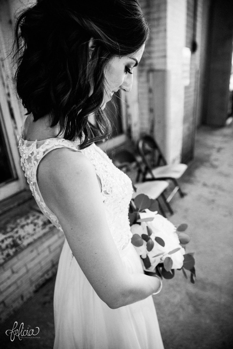 images by feliciathephotographer.com | wedding photographer | kansas city missouri | industrial | romantic | neutral | black and white | portraits | whimsical | lace two piece dress | mia's bridal | 