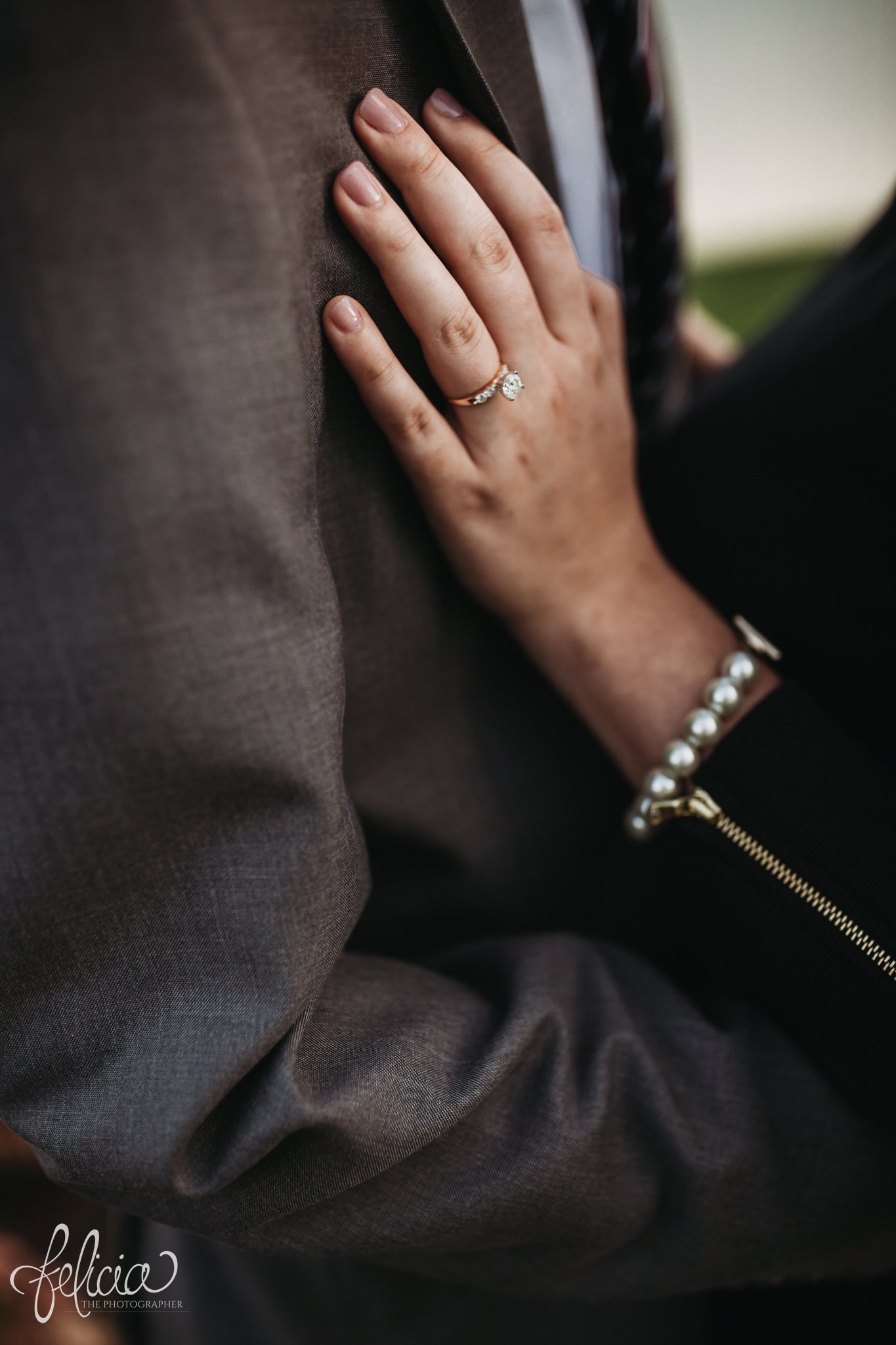images by feliciathephotographer.com | wedding photographer | kansas city missouri | engagement | diamond ring | pearls | details | classy | true love | romantic | gold 