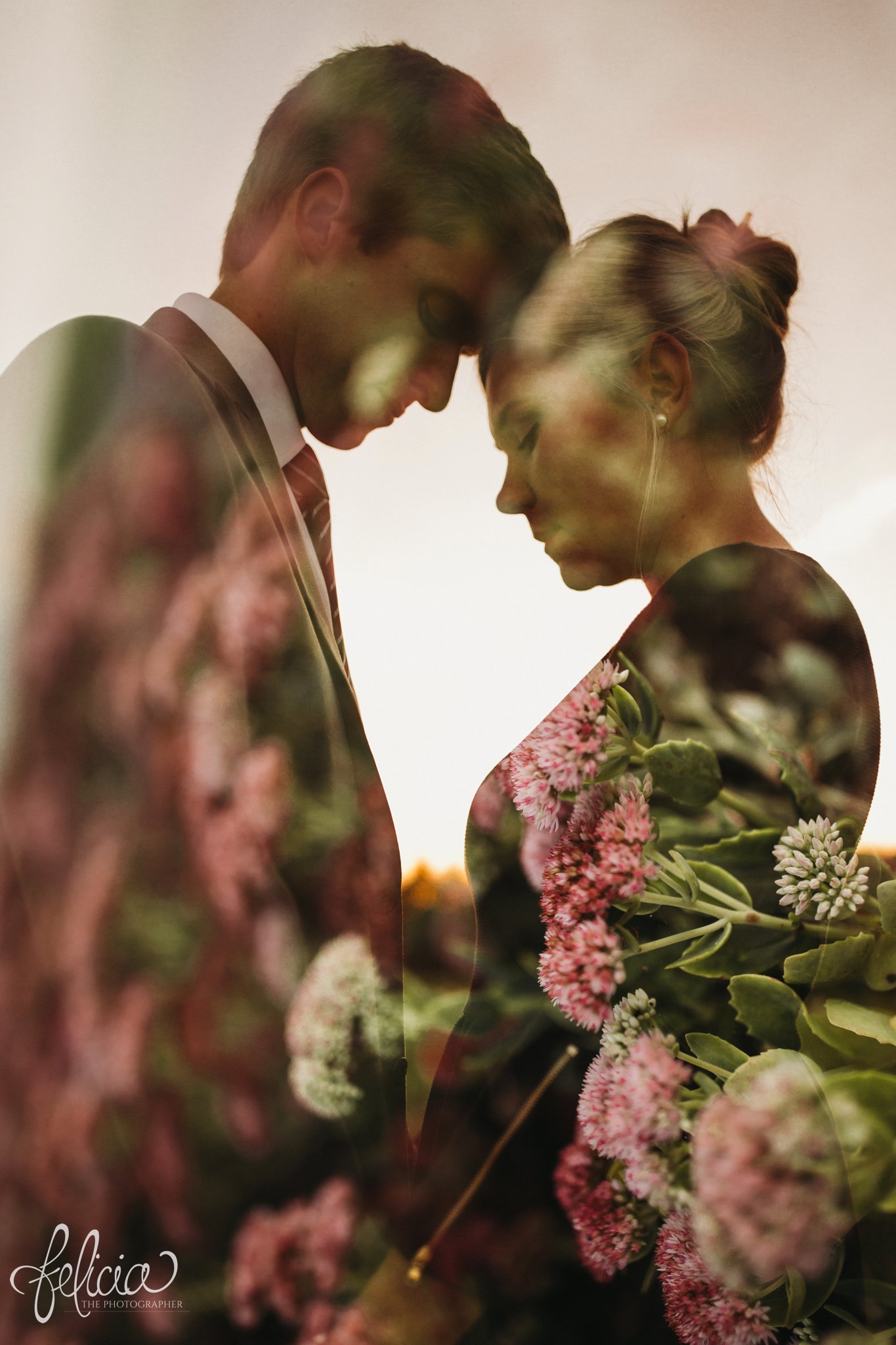 images by feliciathephotographer.com | wedding photographer | kansas city missouri | engagement | pink flowers | details | romantic | true love | double exposure | golden hour | sunset 