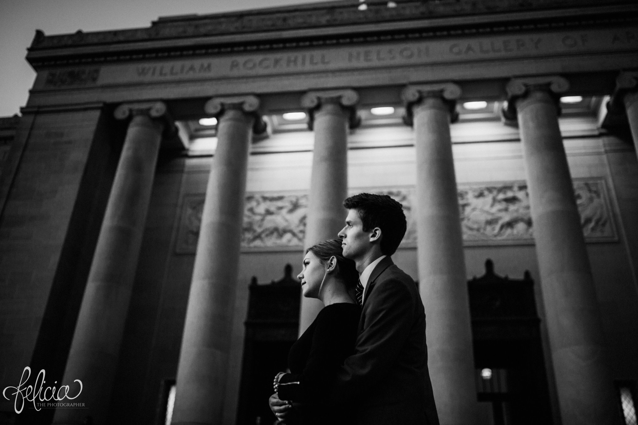images by feliciathephotographer.com | wedding photographer | kansas city missouri | engagement | black and white | columns | nelson atkins | true love | sincere | 