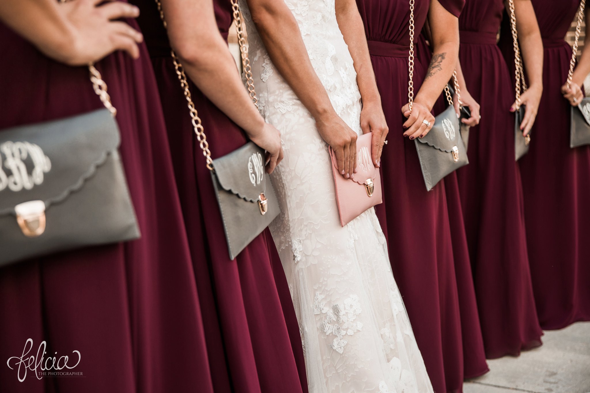images by feliciathephotographer.com | wedding photographer | kansas city | details | burgundy | gold | light pink | monogrammed clutches | bridesmaids | 