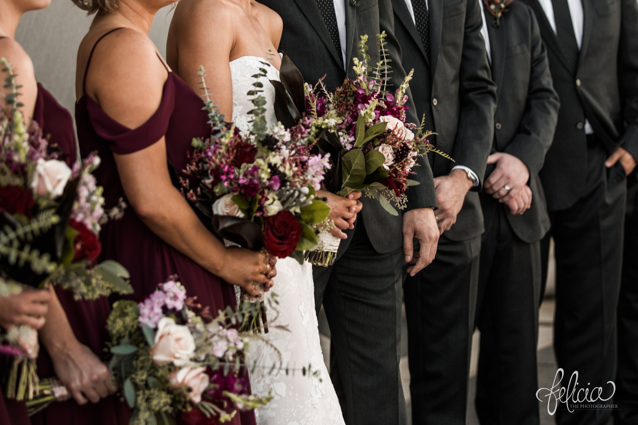 images by feliciathephotographer.com | wedding photographer | kansas city | details | bridal party portraits | rustic bouquets | burgundy | pink | off the shoulder | kennedy blue | emily hart | the black tux | 