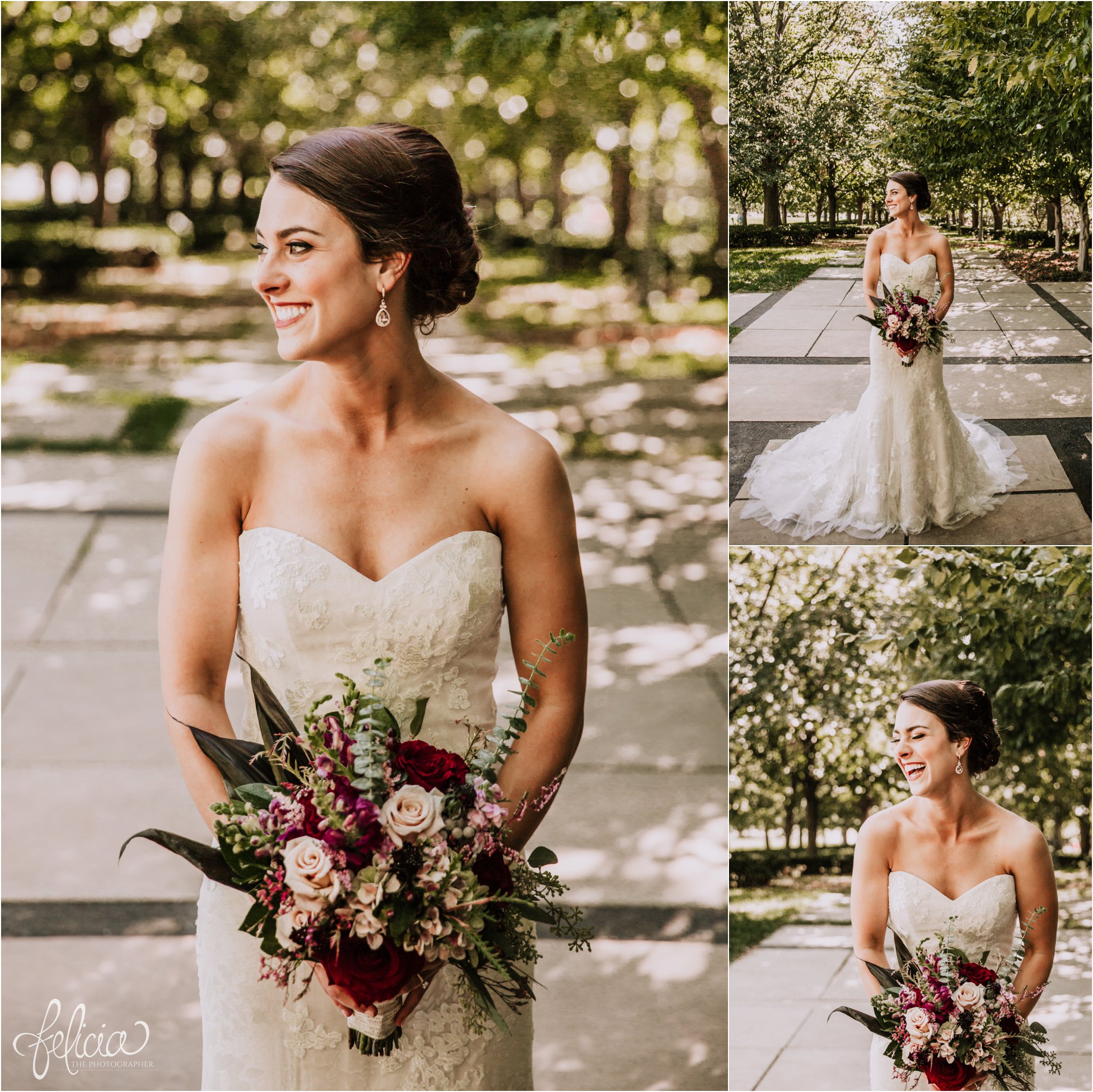 images by feliciathephotographer.com | wedding photographer | kansas city | bride portrait | strapless lace floral dress | emily hart | nelson atkins art museum | trees | natural lighting | 