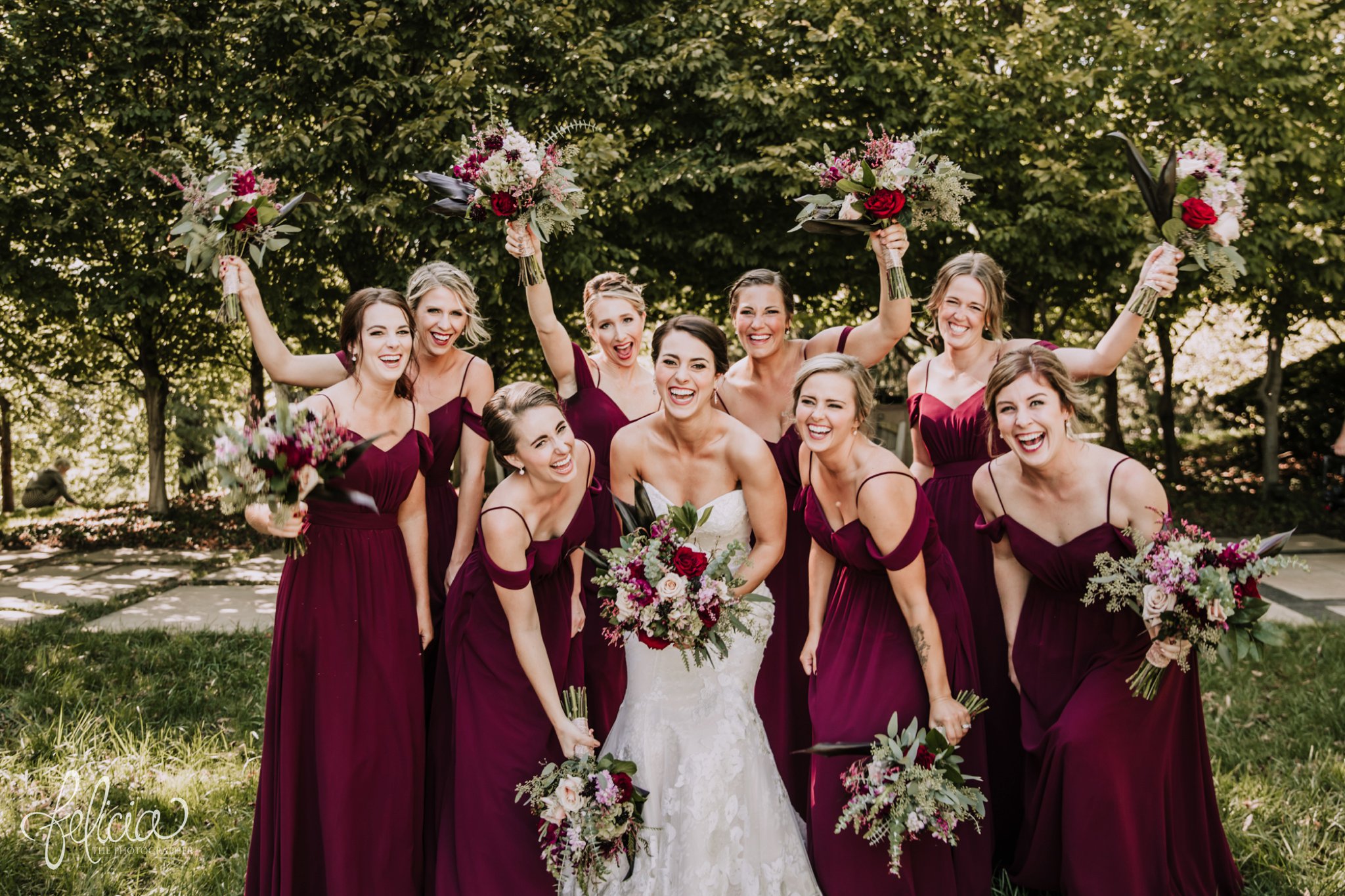 images by feliciathephotographer.com | wedding photographer | kansas city | bridesmaids | portrait | nelson atkins art museum | burgundy dresses | kennedy blue | emily hart | rustic florals | celebration | joy | 