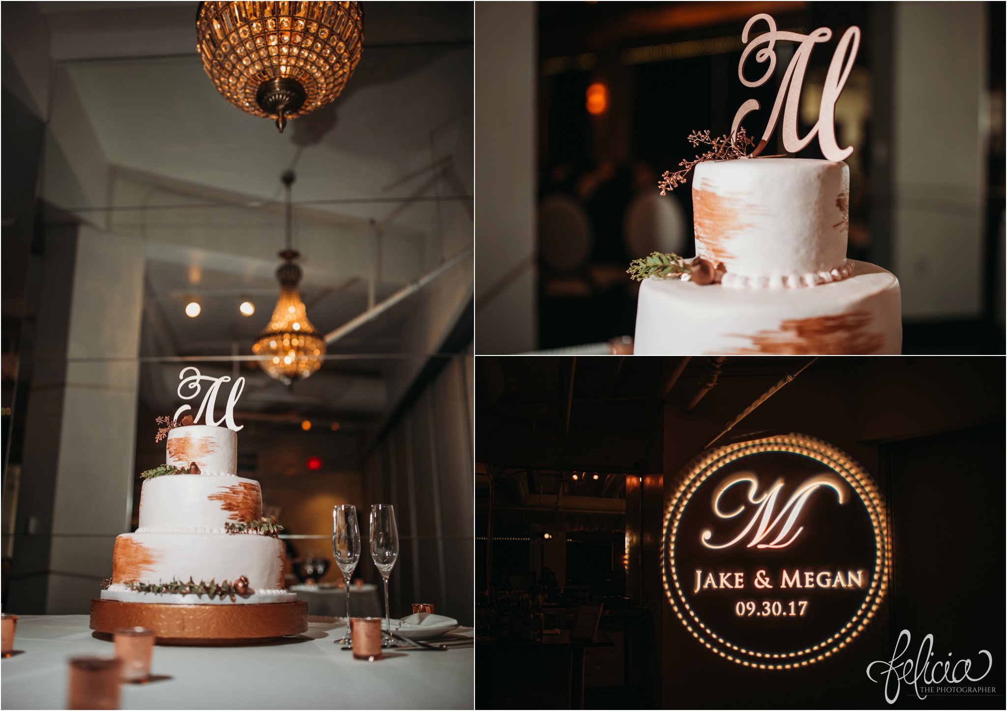 images by feliciathephotographer.com | wedding photographer | kansas city | chandelier | details | reception | initial | raw styled cake | rustic | candles | champagne flutes | date | 
