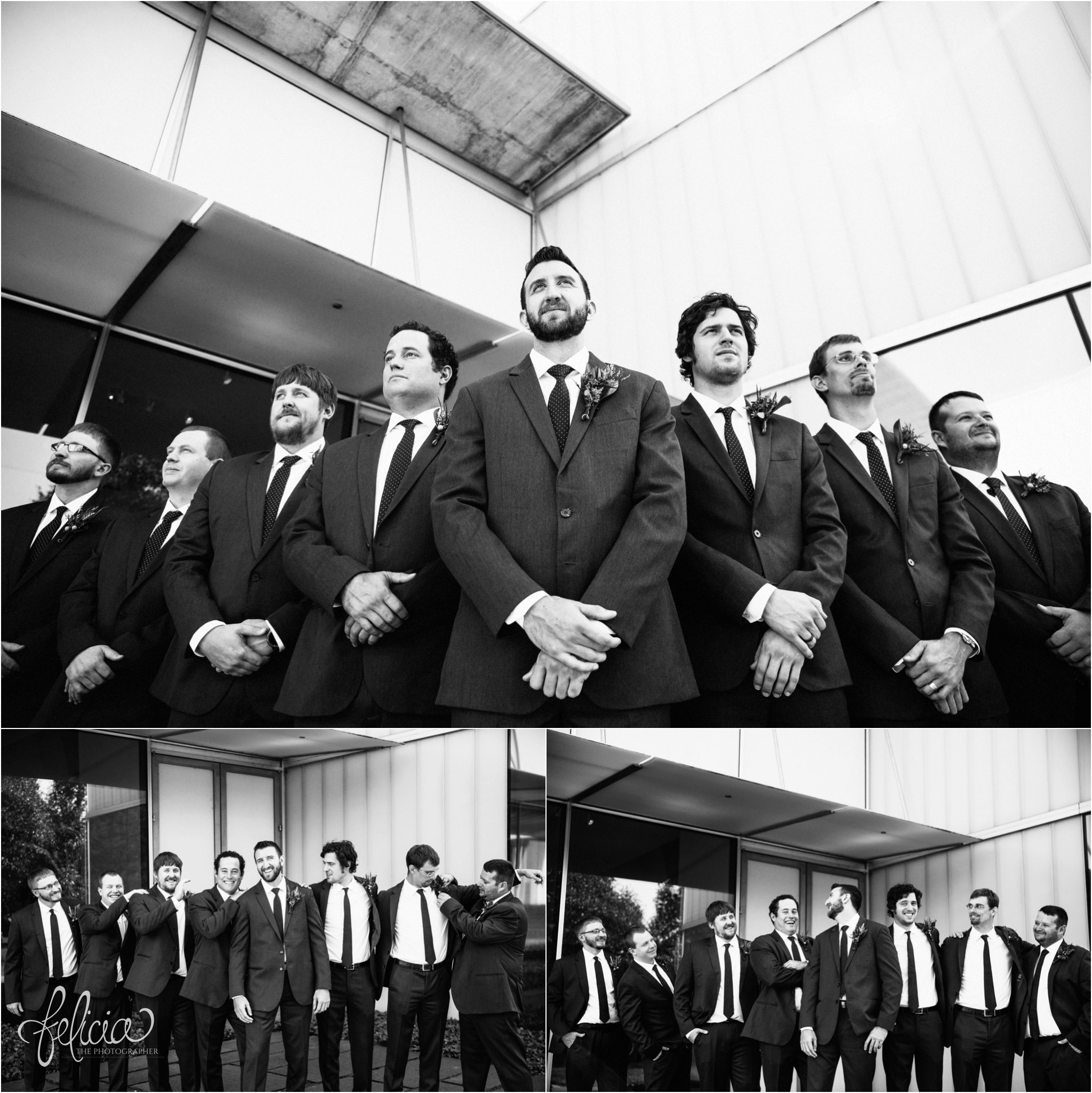 images by feliciathephotographer.com | wedding photographer | kansas city | groomsmen | portraits | game face | silly | laughter | black and white | grey suits | the black tux | 