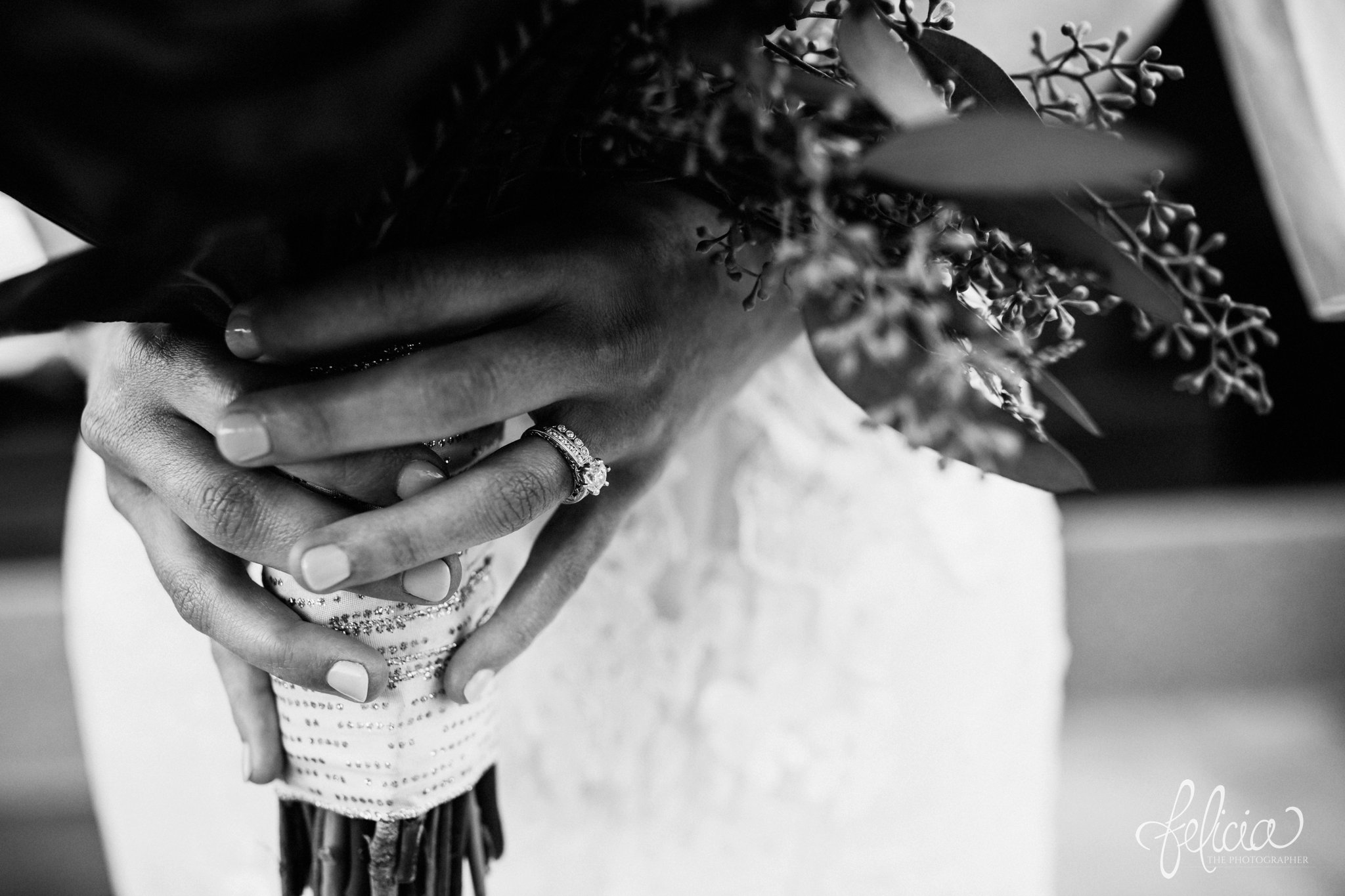 images by feliciathephotographer.com | wedding photographer | kansas city | details | bouquet | diamond ring | shane co | lace floral dress | black and white | 