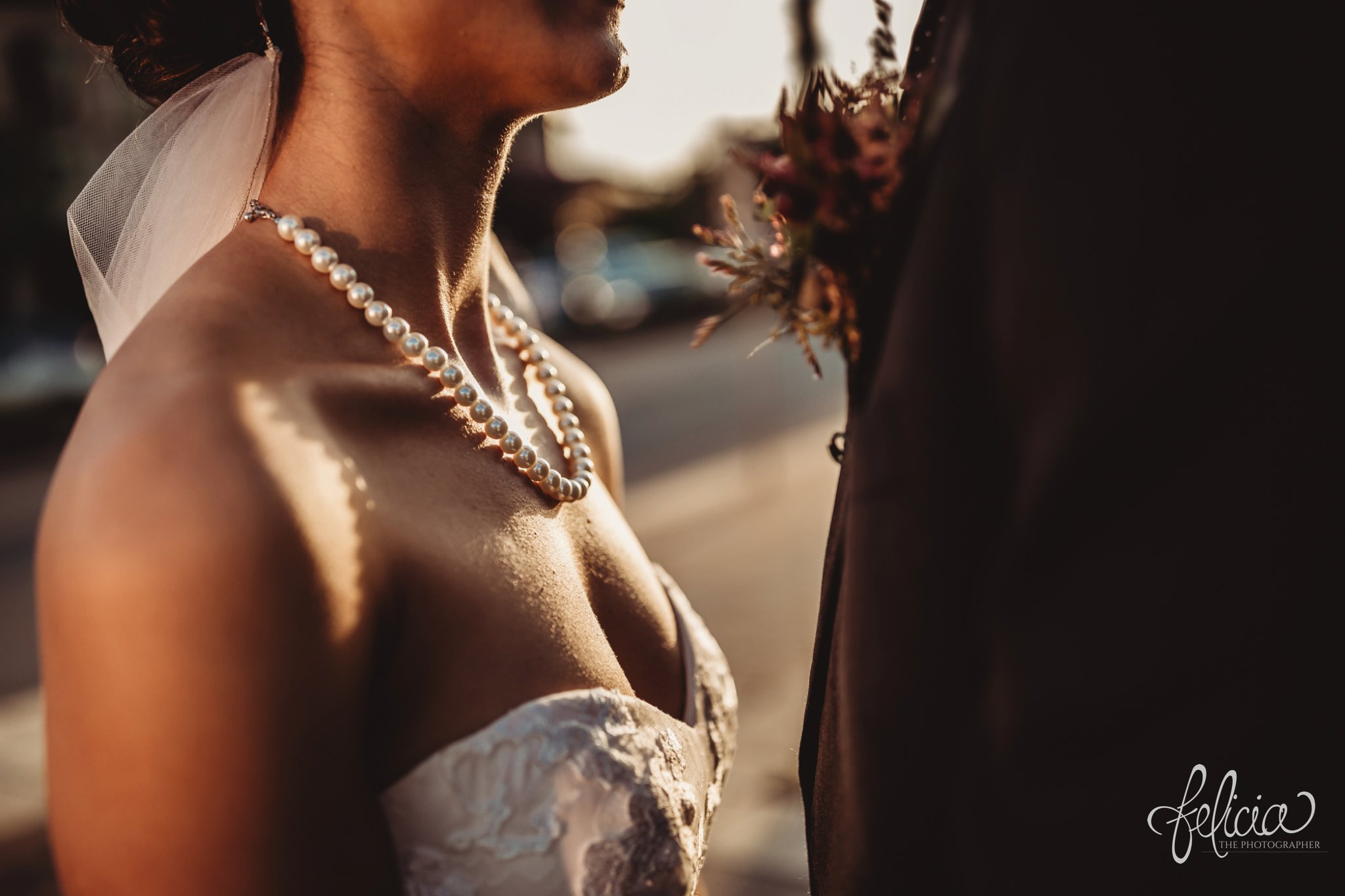 images by feliciathephotographer.com | wedding photographer | kansas city | details | golden hour | sunset | pearls | strapless dress | rustic boutonniere | natural lighting | dramatic | 