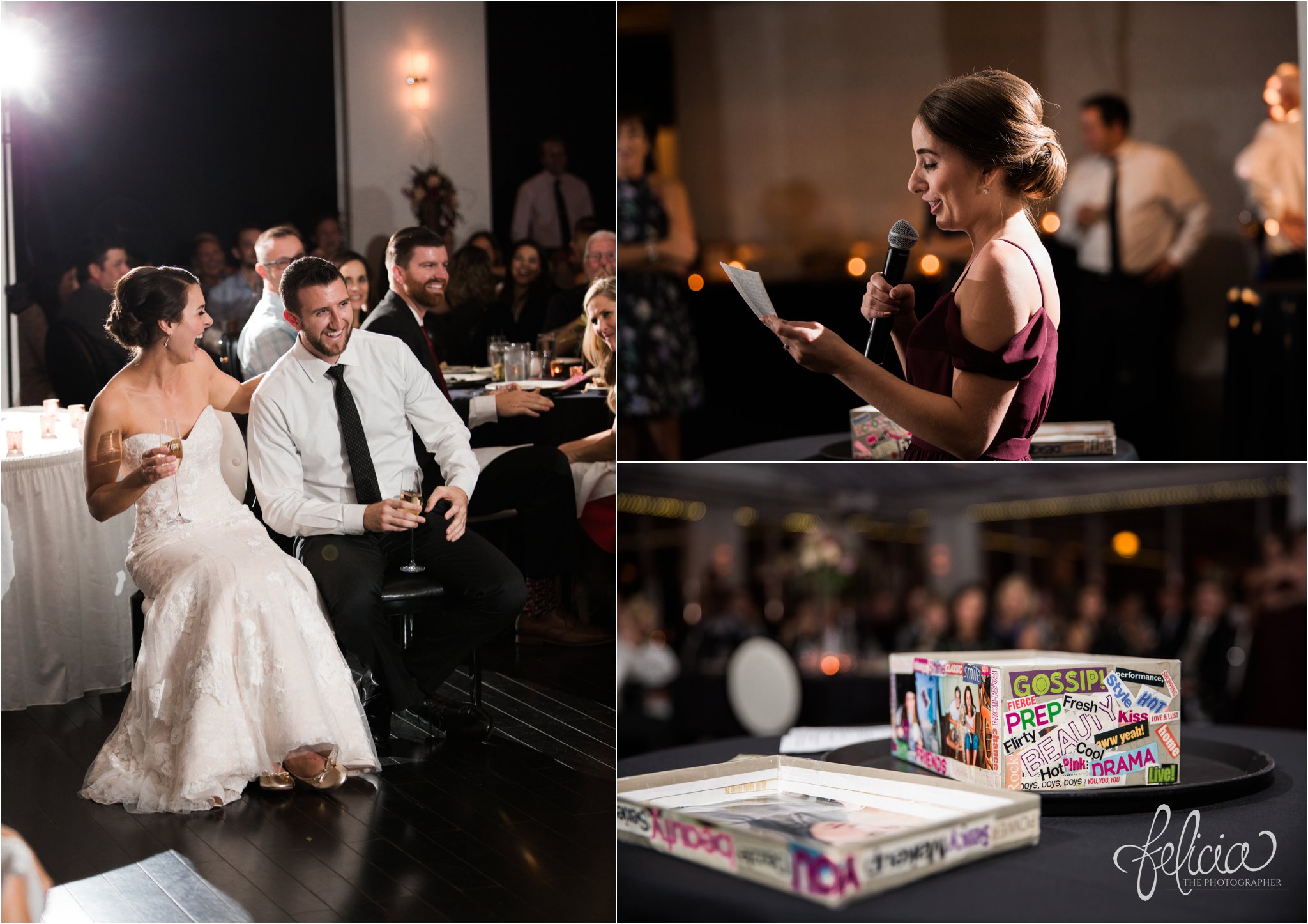 images by feliciathephotographer.com | wedding photographer | kansas city | reception | maid of honor | toasts | laughter | memento box | burgundy | kennedy blue | emily hart | rustic | 