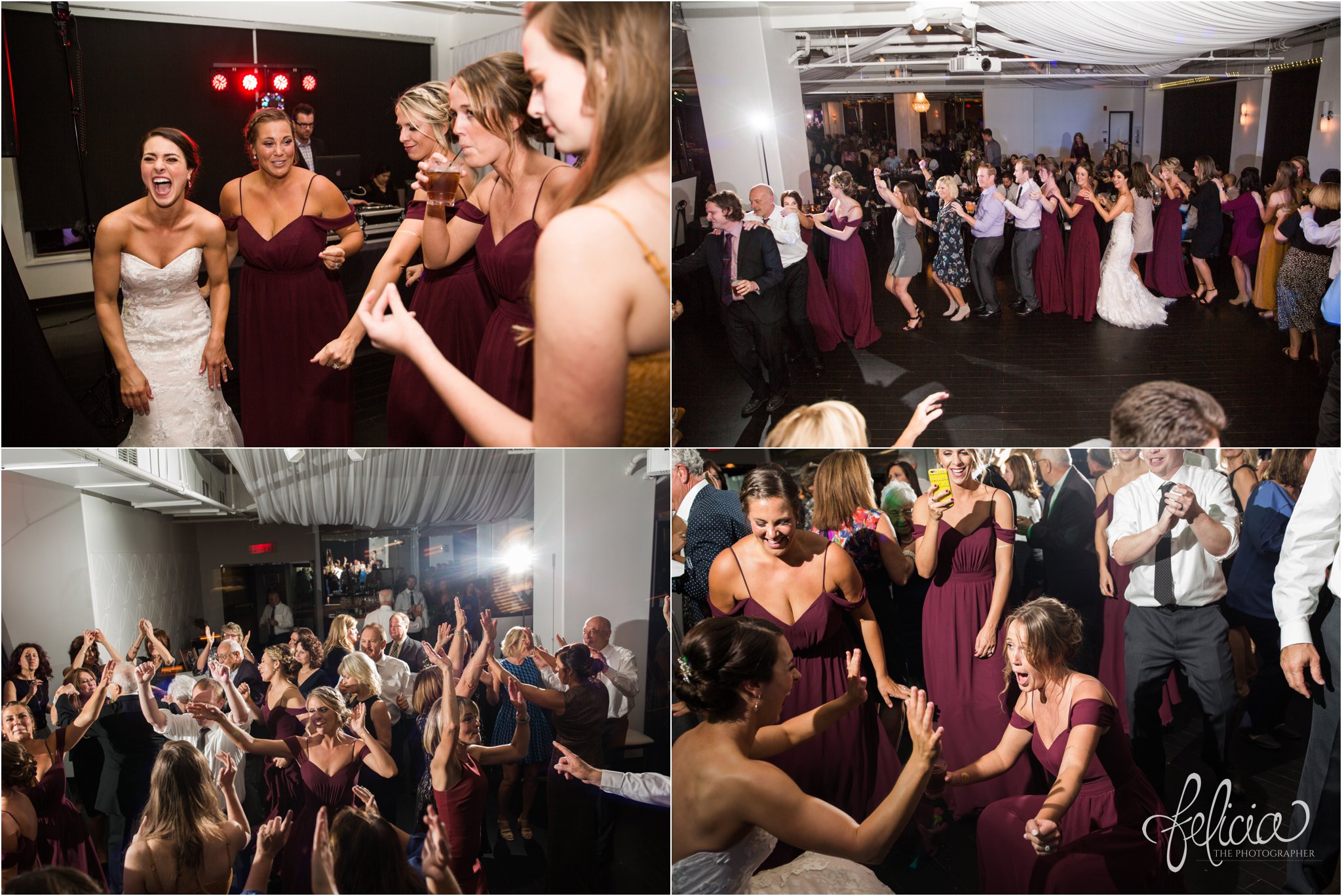 images by feliciathephotographer.com | wedding photographer | kansas city | reception | dance floor | party | bridesmaids | laughter | conga line | get low | plaza venue | 