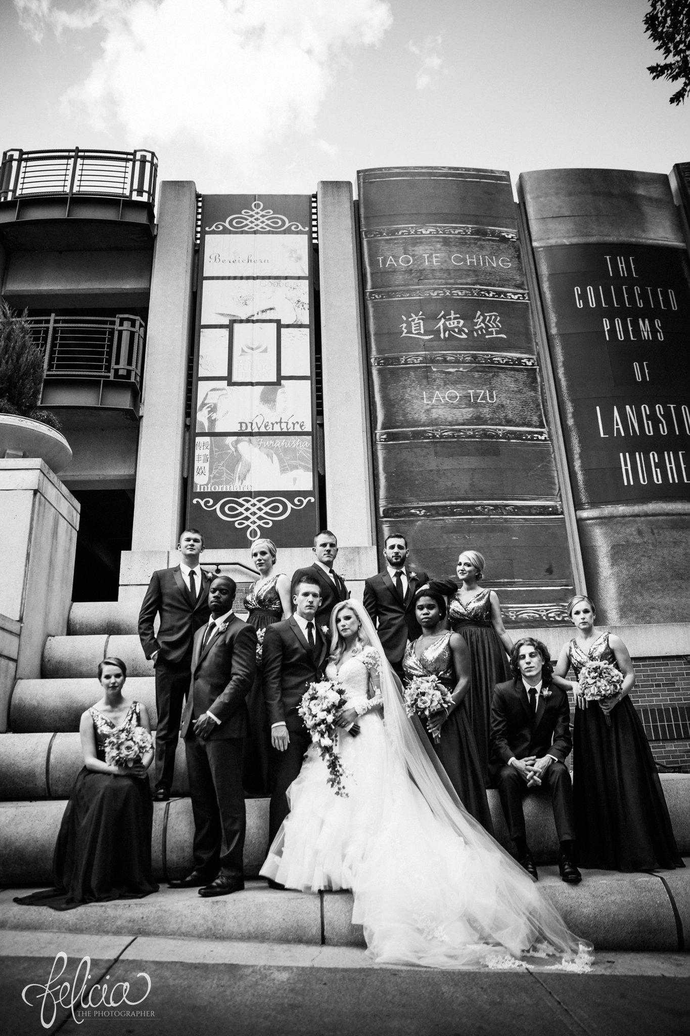 images by feliciathephotographer.com | wedding photographer | kansas city | redemptorist | classic | portrait | bridal party | vanity fair | library | black and white | whimsical | sequins | long train | lace dress | sincere | 