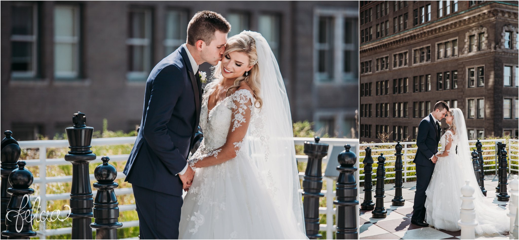 images by feliciathephotographer.com | wedding photographer | kansas city | redemptorist | classic | library | chess board | rooftop | industrial | romantic | portrait | bride and groom | lace long sleeve dress | veil | true love |