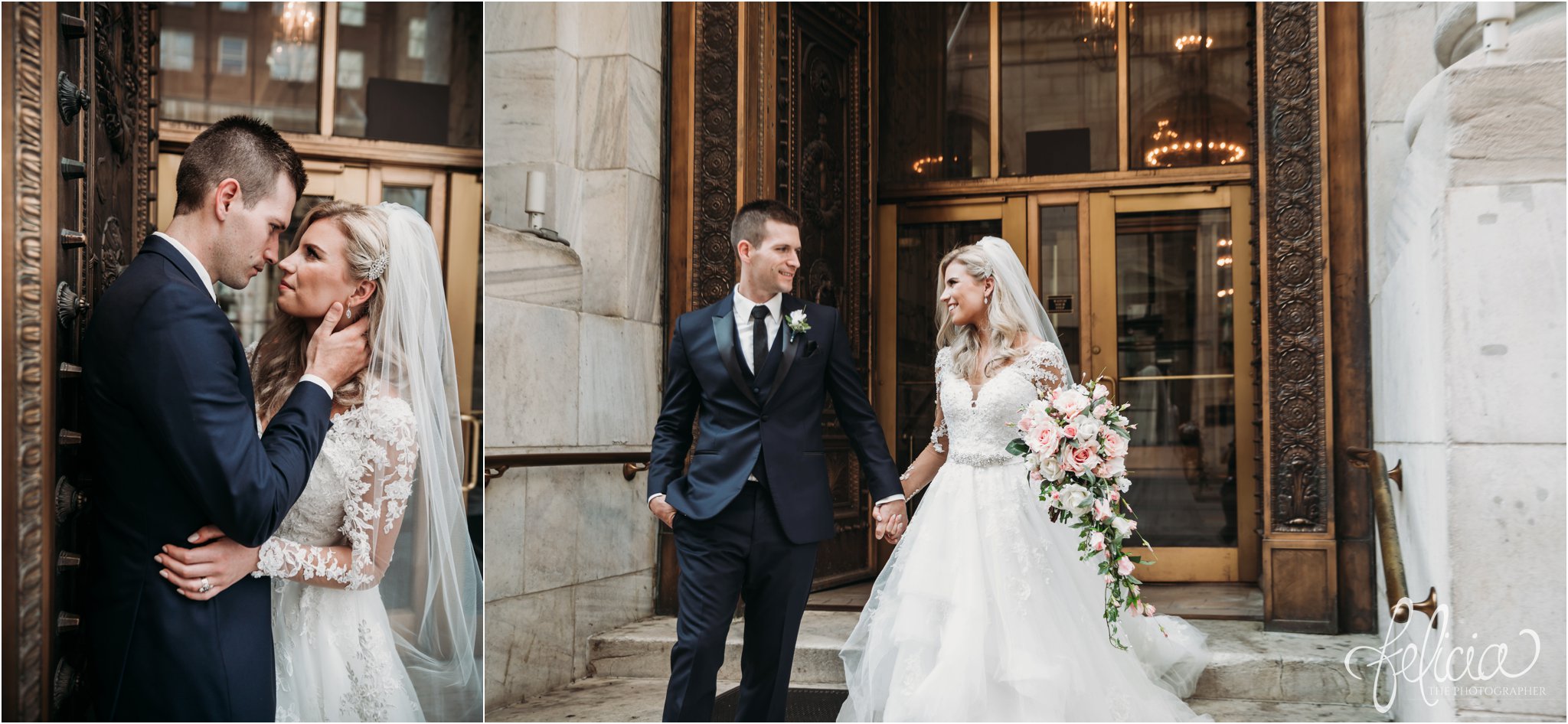 images by feliciathephotographer.com | wedding photographer | kansas city | redemptorist | classic | portrait | bride and groom | library | romantic | intimate | whimsical | romantic | lace long sleeve dress | navy suit | power couple | pink florals 