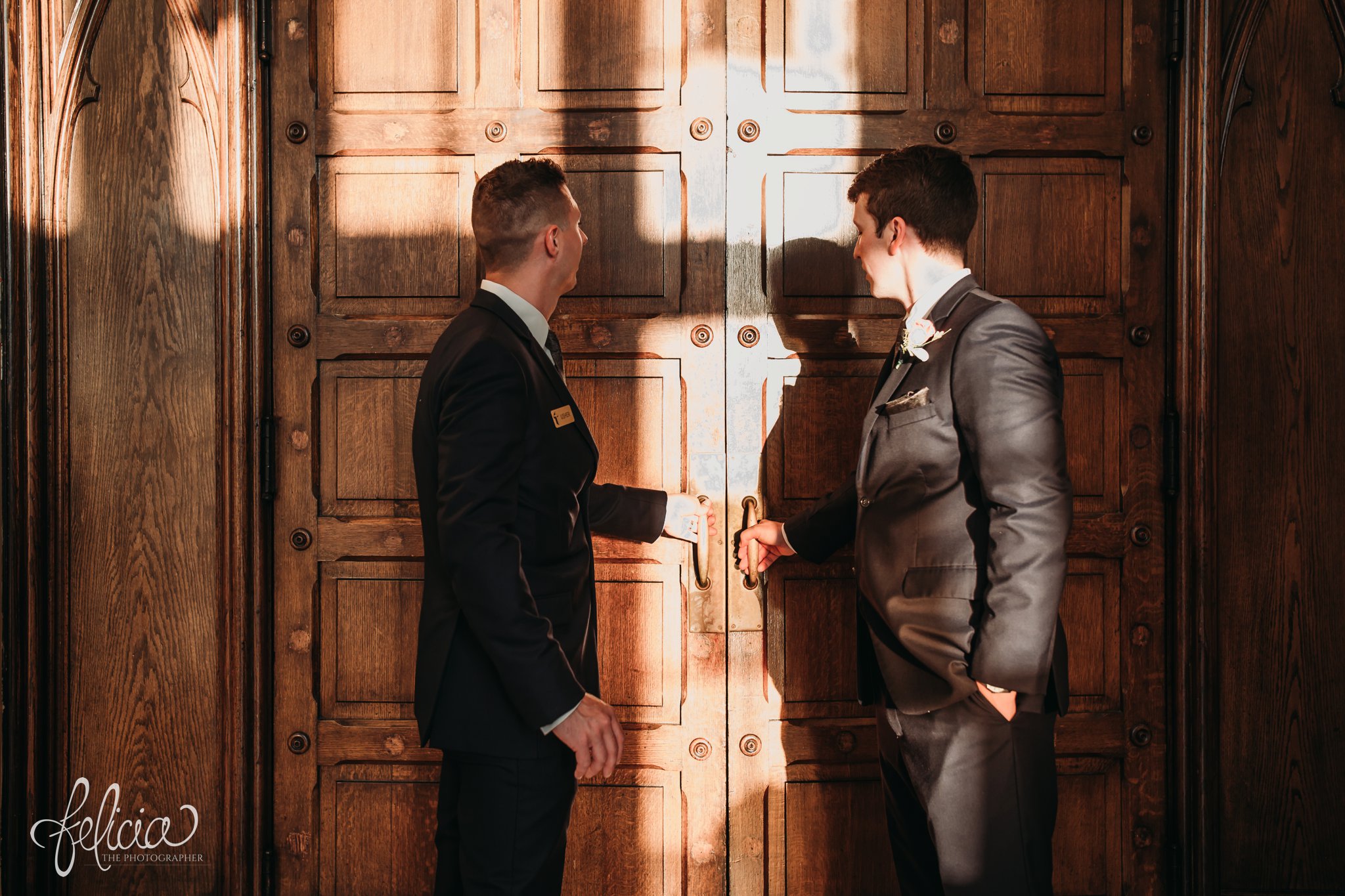 images by feliciathephotographer.com | wedding photographer | kansas city | redemptorist | classic | groomsmen | getting ready | ceremony | wooden doors | grey suits | tip top tux | 