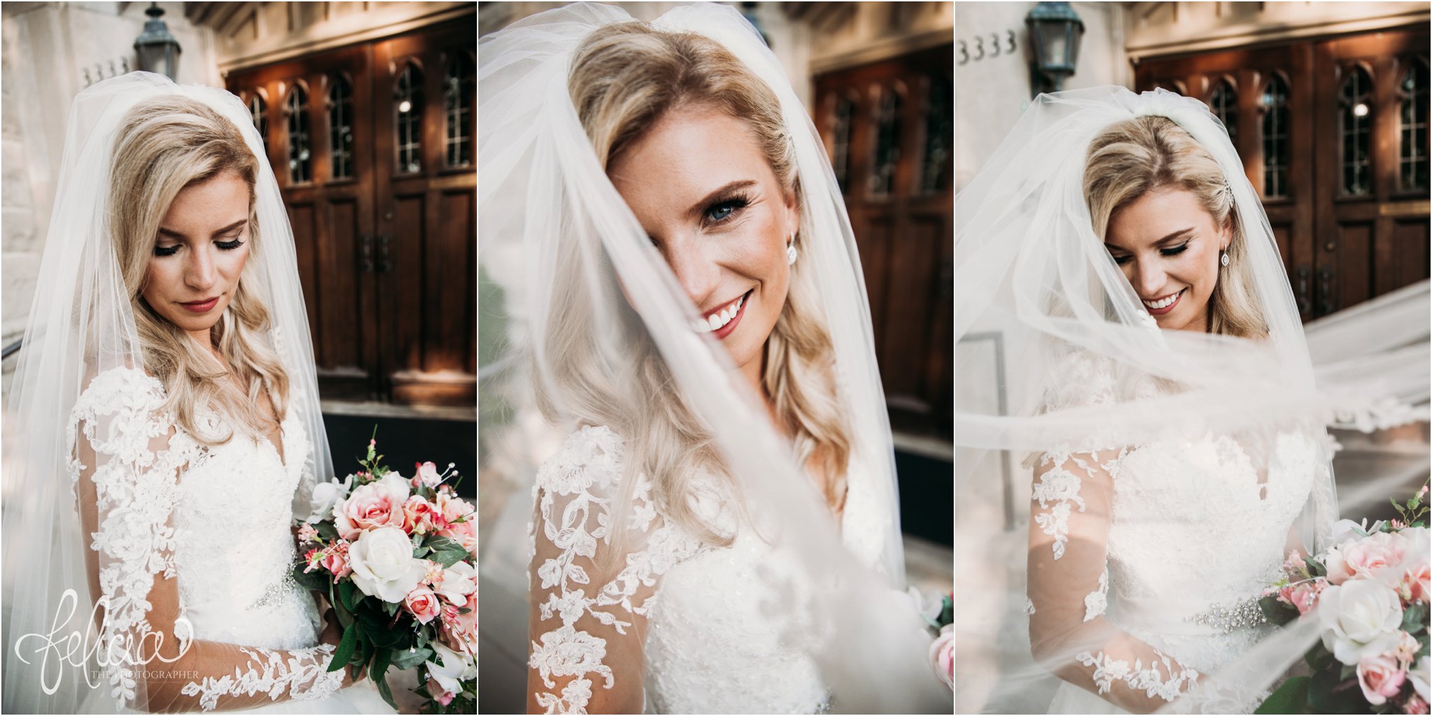images by feliciathephotographer.com | wedding photographer | kansas city | redemptorist | classic | portrait | flowing veil | lace long sleeve dress | essence of Australia | belle vogue | beautiful bride | joy | true love | whimsical | romantic | glamorous | pink florals | 