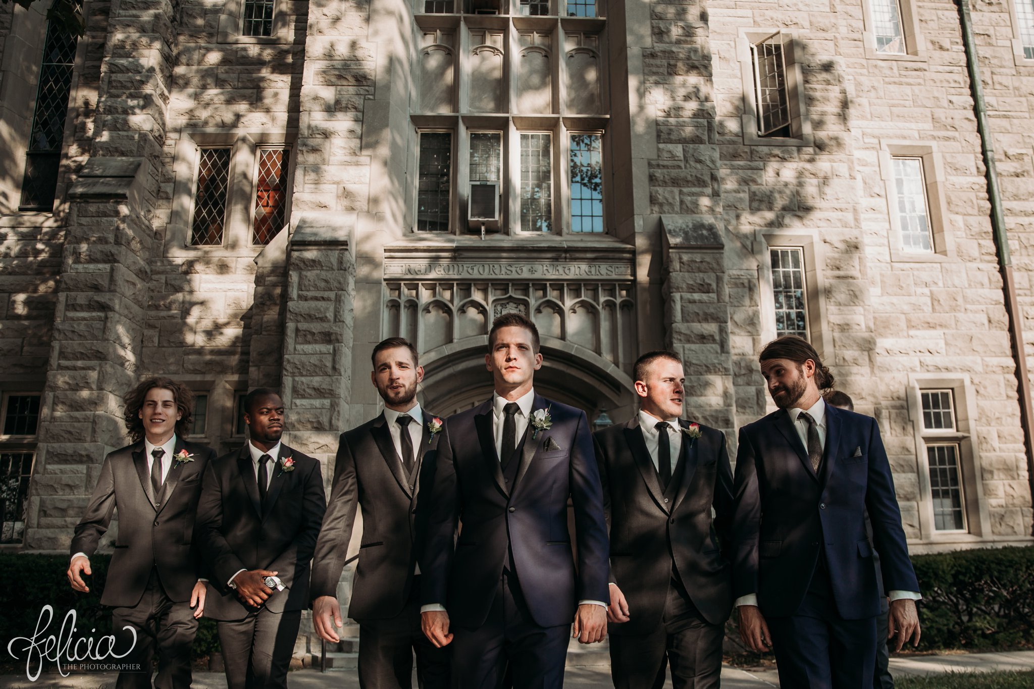 images by feliciathephotographer.com | wedding photographer | kansas city | redemptorist | classic | groomsmen | portrait | game face | navy and grey suits | dapple shadow | tip top tux | glamorous | 