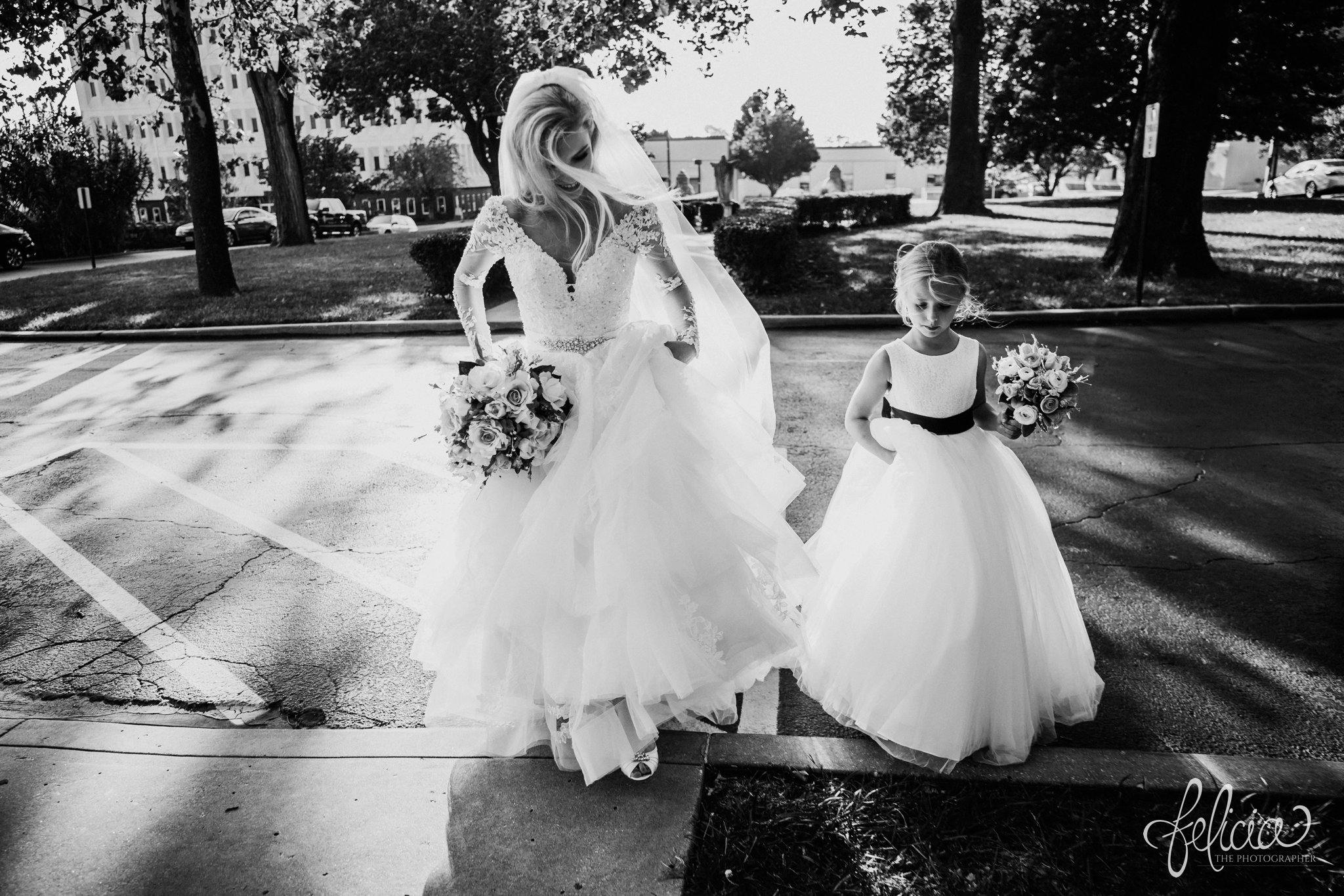 images by feliciathephotographer.com | wedding photographer | kansas city | redemptorist | classic | black and white | flower girl | mini me | lace dress | long sleeve | whimsical | sunset | bouquet | 