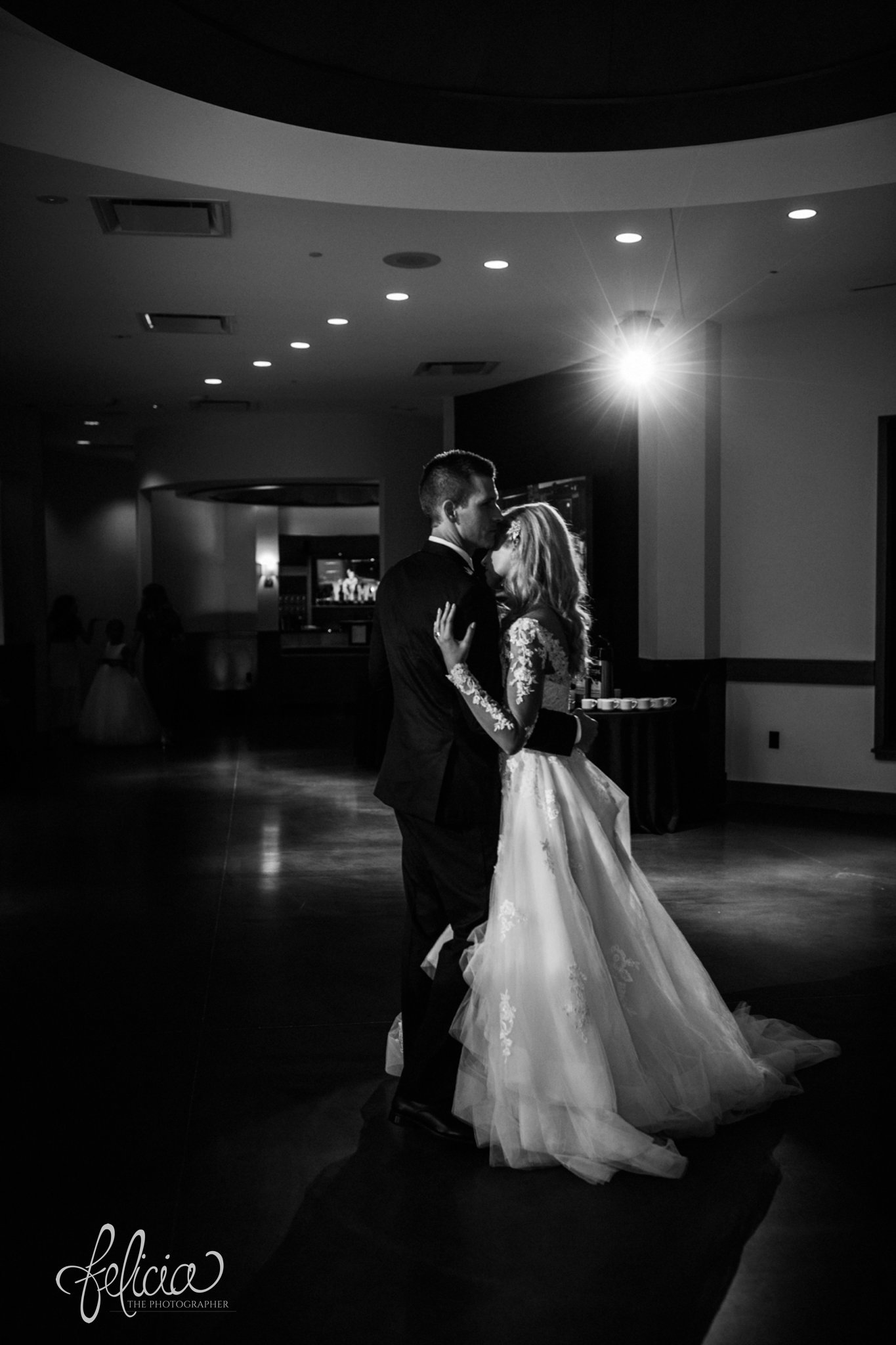 images by feliciathephotographer.com | wedding photographer | kansas city | redemptorist | classic | black and white | first dance | reception | romantic | royal room | lace long sleeve dress | belle vogue | whimsical | 