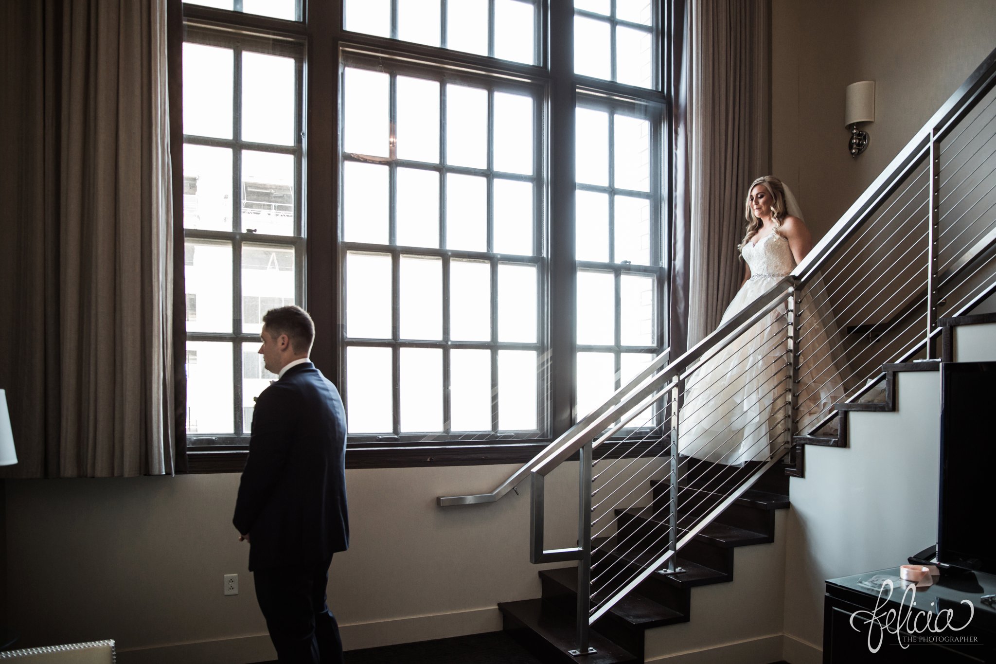 images by feliciathephotographer.com | wedding photographer | downtown kansas city | pre-ceremony | first look | staircase | romantic | waiting groom | natural light | 