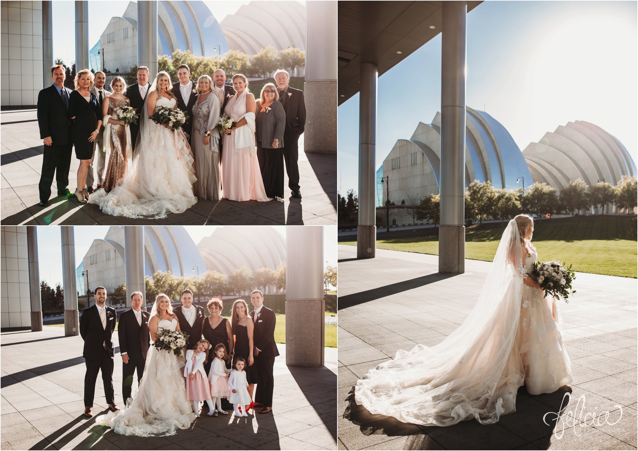 images by feliciathephotographer.com | wedding photographer | downtown kansas city | family portrait | outside | kauffman center | long lace dress | belle vogue | light pink | flower girls | bohemian glam | 