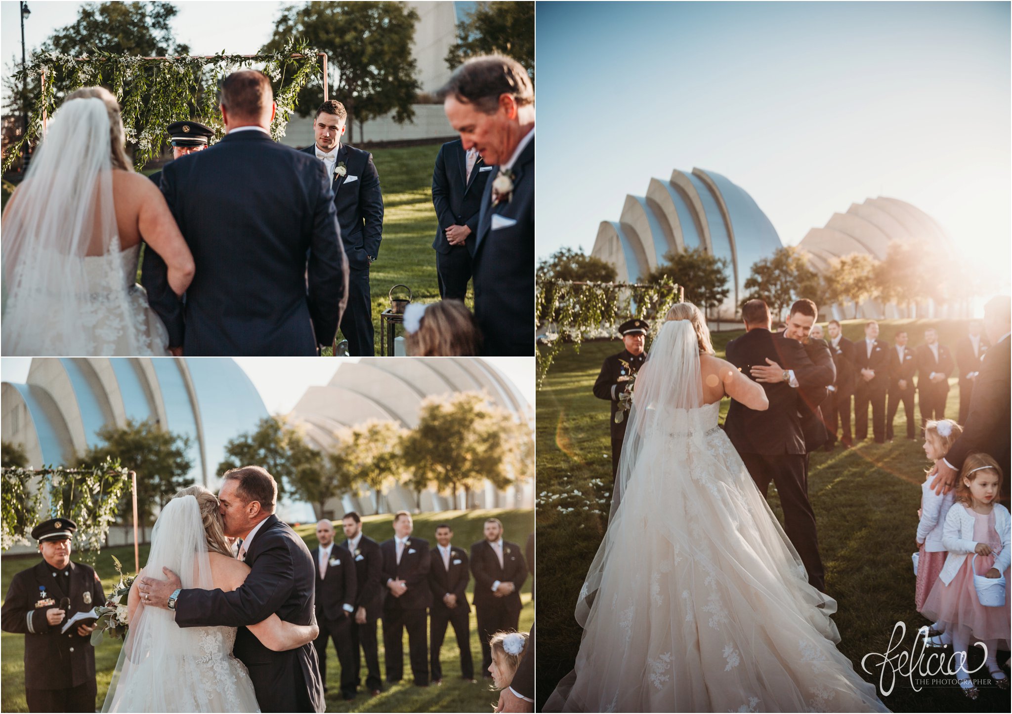 images by feliciathephotographer.com | wedding photographer | downtown kansas city | outdoor ceremony | walking down the aisle | father giving away daughter | kauffman ceremony | bohemian glam | light pink | flower girls | romantic | 