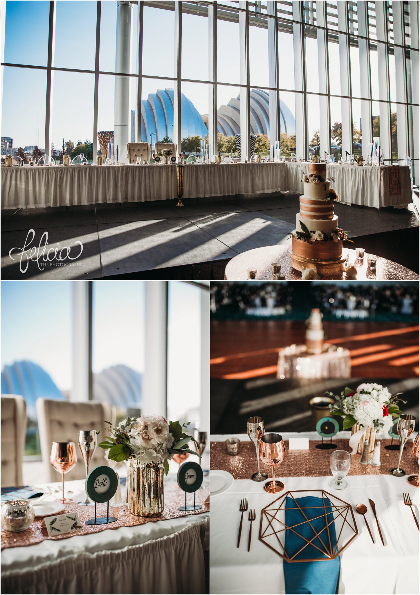 images by feliciathephotographer.com | wedding photographer | downtown kansas city | the grand ballroom kc convention center | kauffman | details | reception venue | rose gold | light pink | table setting | sequins | cake | floral garnish | leather chairs | romantic | bohemian | glamorous | 