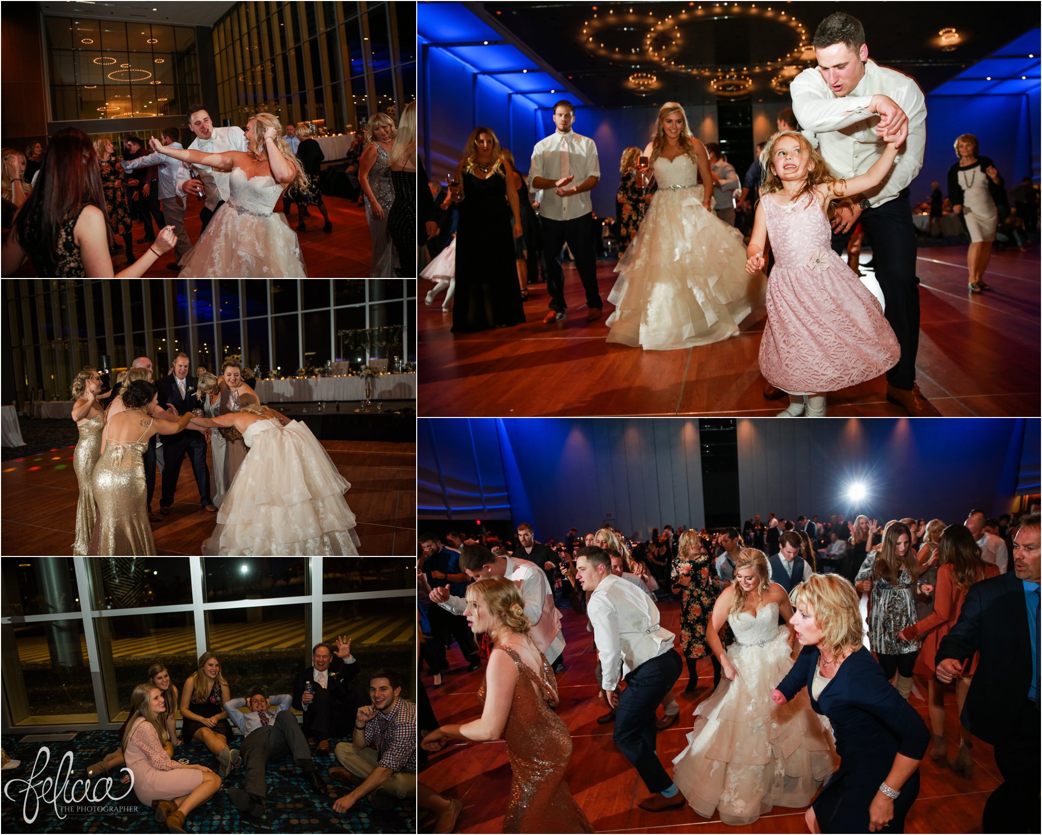 images by feliciathephotographer.com | wedding photographer | downtown kansas city | reception | the grand ballroom kc convention center | dance floor | party | celebration | flower girl | laughter | 