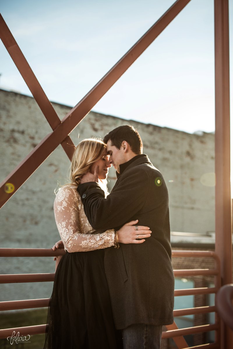 images by feliciathephotographer.com | engagement photographer | kansas city | boho | chill | edgy | esession wardrobe inspo | what to wear | purple | burgundy | natural | romantic | industrial wall | natural light | intimate | lace | staircase | golden hour | sunset |