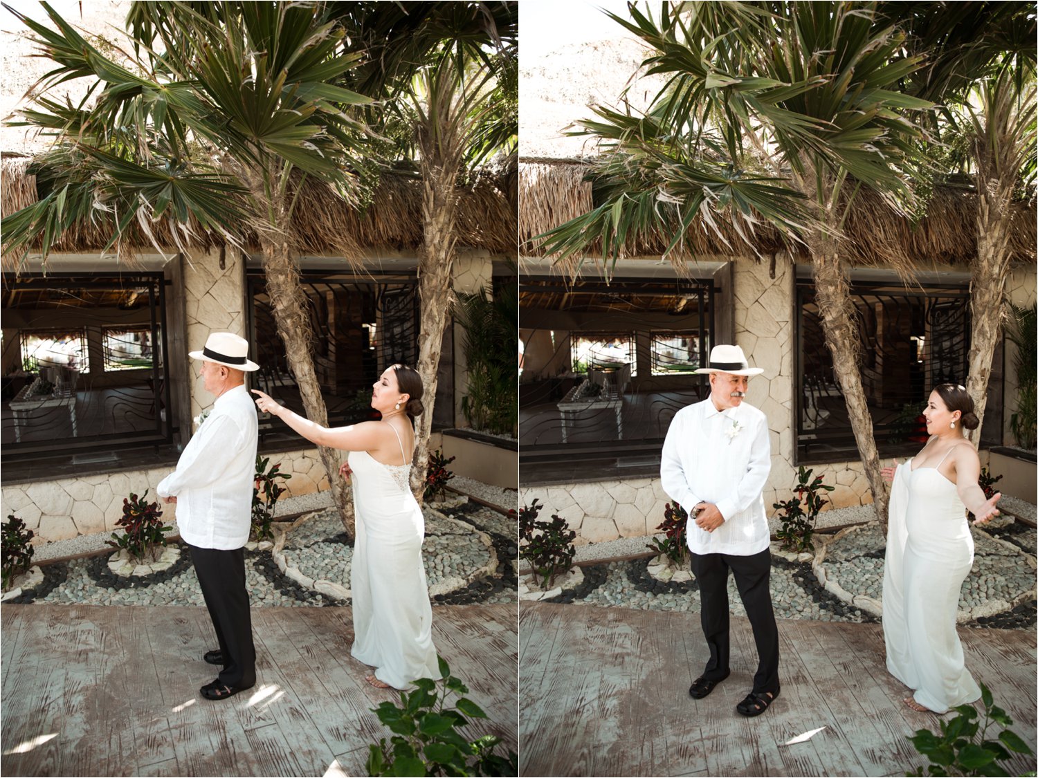  images by feliciathephotographer.com | destination wedding photographer | mexico | tropical | fiji | venue | azul beach resort | riviera maya | pre-ceremony | first look with father | palm trees | white suit | long lace train | family | oceanside | 