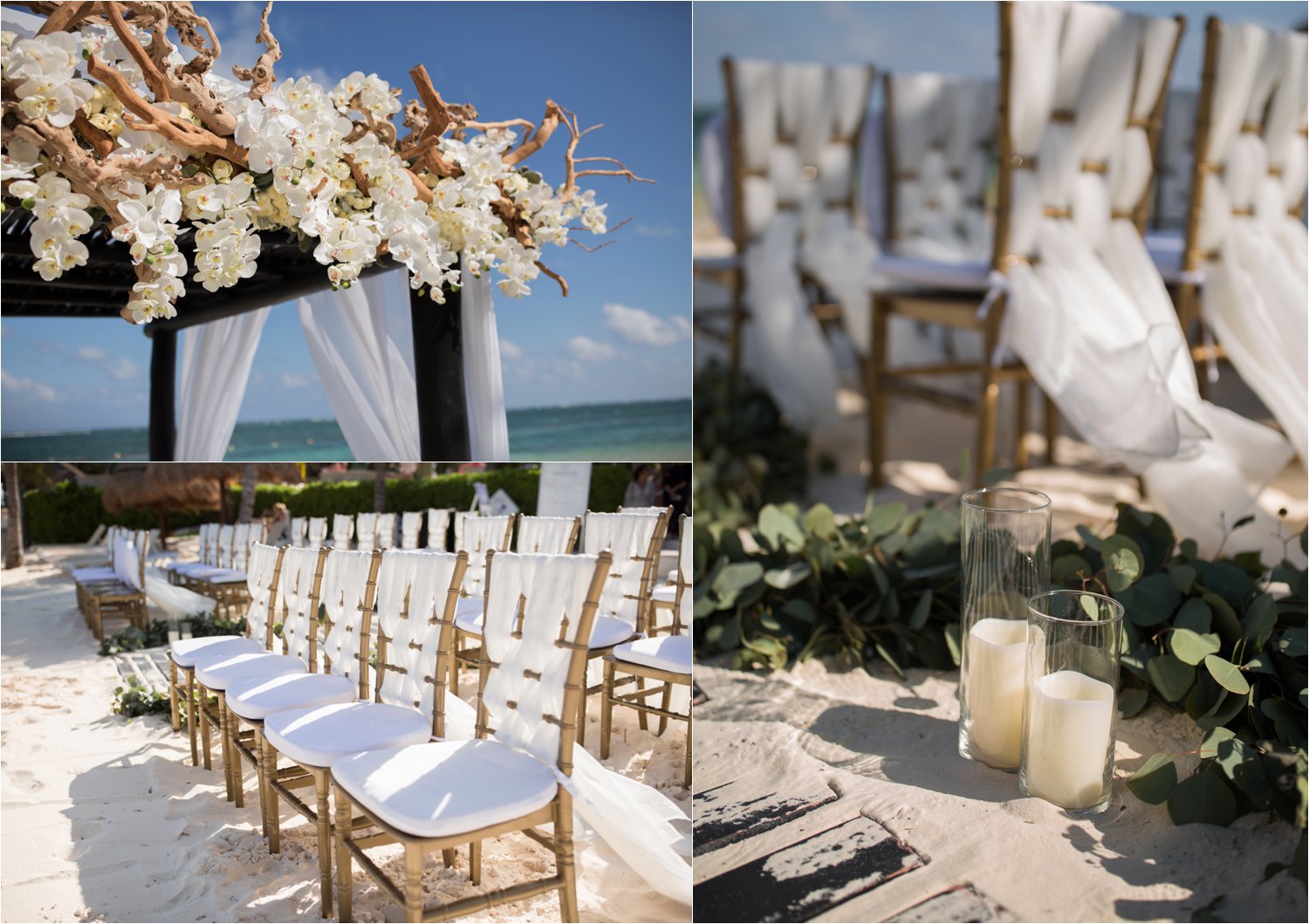  images by feliciathephotographer.com | destination wedding photographer | mexico | tropical | fiji | venue | azul beach resort | riviera maya | ceremony | white linen chairs | Beachwood aisle | candles | sand | eucalyptus | floral overhead | 