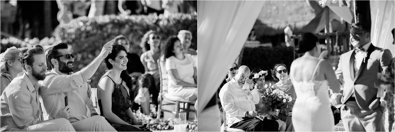  images by feliciathephotographer.com | destination wedding photographer | mexico | tropical | fiji | venue | azul beach resort | riviera maya | ceremony | black and white | guests | friends and family | bride and groom | tearing up | exchanging vows | 