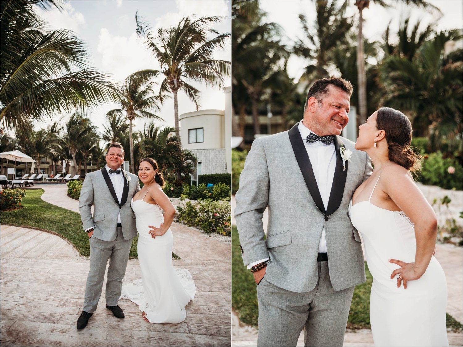  images by feliciathephotographer.com | destination wedding photographer | mexico | tropical | fiji | venue | azul beach resort | riviera maya | bridal portraits | kiss on the cheek | lace backed dress | grey suit | romantic | 