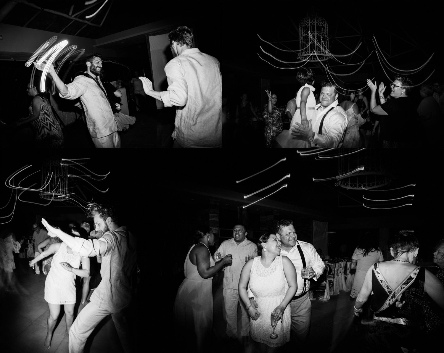  images by feliciathephotographer.com | destination wedding photographer | mexico | tropical | fiji | venue | azul beach resort | riviera maya | reception | dance floor | party | celebration | bride and groom | guests | friends and family | black and white | 
