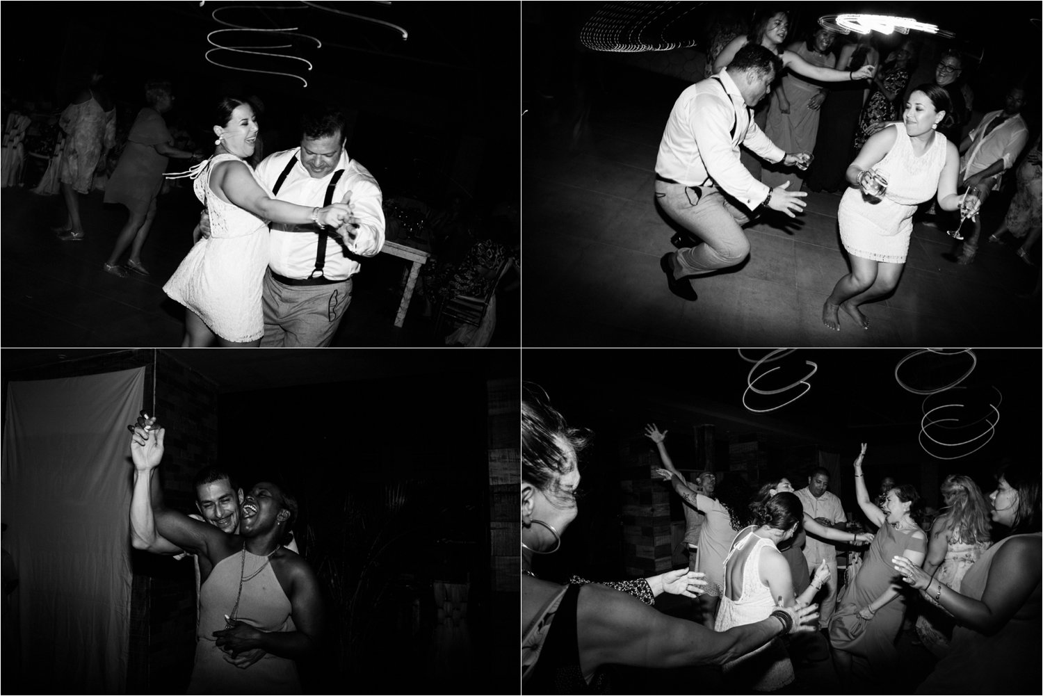  images by feliciathephotographer.com | destination wedding photographer | mexico | tropical | fiji | venue | azul beach resort | riviera maya | reception | dance floor | party | celebration | bride and groom | guests | friends and family | black and white | 