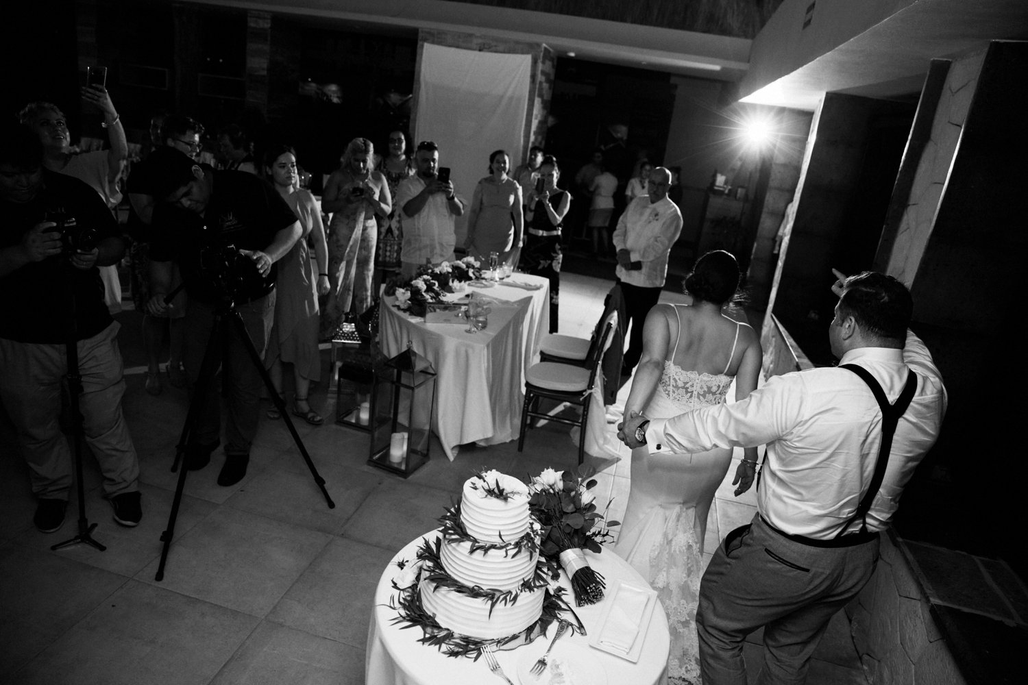  images by feliciathephotographer.com | destination wedding photographer | mexico | tropical | fiji | venue | azul beach resort | riviera maya | black and white | details | reception | cake cutting | silly | bride and groom | 