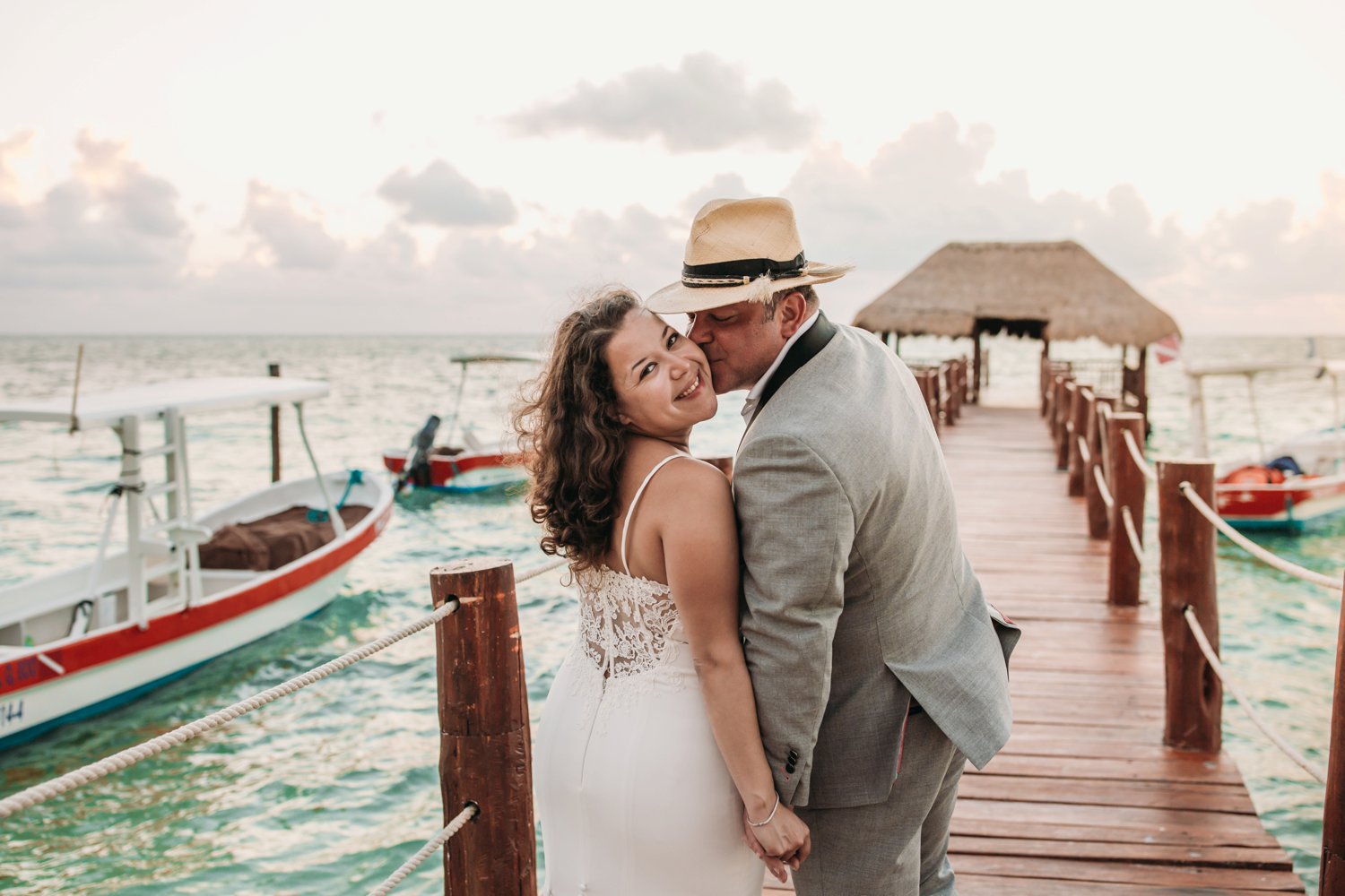  images by feliciathephotographer.com | destination wedding photographer | mexico | tropical | fiji | venue | azul beach resort | riviera maya | bridal portraits | lace dress | grey suit | sunrise | oceanside | romantic | whimsical | cotton candy skies | 