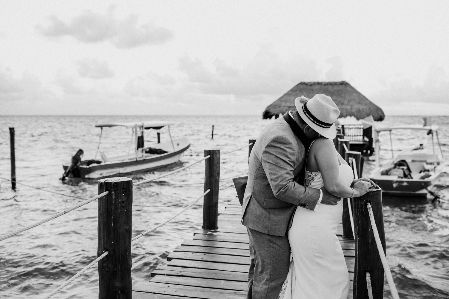  images by feliciathephotographer.com | destination wedding photographer | mexico | tropical | fiji | venue | azul beach resort | riviera maya | bridal portraits | lace dress | grey suit | sunrise | oceanside | romantic | whimsical | black and white | 