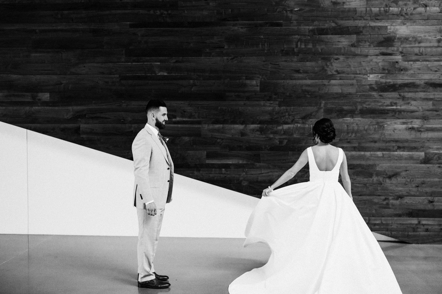  images by feliciathephotographer.com | destination wedding photographer | kansas city | spring time | details | first look | getting ready | pre ceremony | black and white | grey suit | the black tux | white satin a line gown | davids bridal | twirl | contrast | 