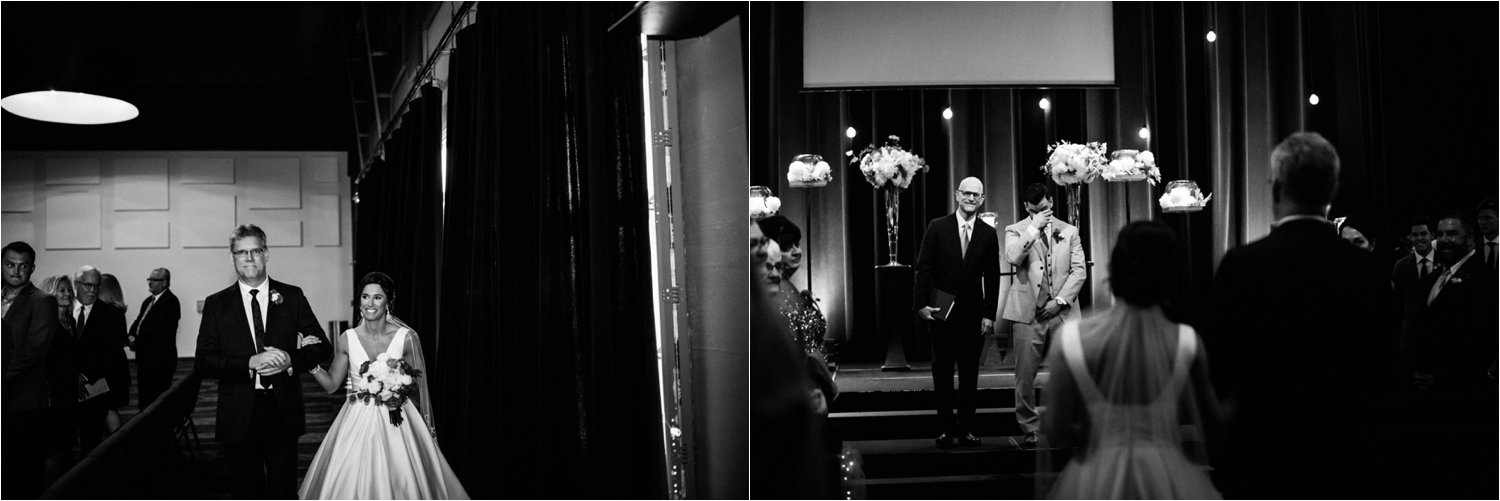  images by feliciathephotographer.com | destination wedding photographer | kansas city | spring time | ceremony | heartland community church | walking down the aisle | crying groom | tearing up | black and white | satin a line gown | davids bridal | grey suit | the black tux | 