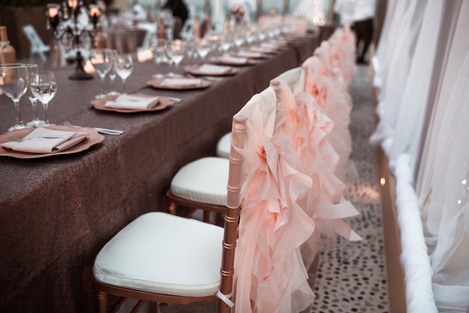  images by feliciathephotographer.com | destination wedding photographer | el dorado riviera maya | glamorous | beachside | resort | details | reception | pink ruffles | classic | venue | white chairs | 