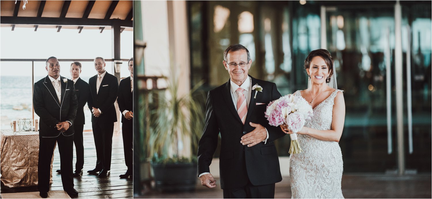  images by feliciathephotographer.com | destination wedding photographer | el dorado riviera maya | glamorous | beachside | resort | ceremony | walking down the aisle | waiting aisle | pink and white bouquet | father of the bride | 