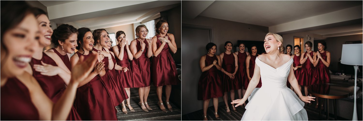  images by feliciathephotographer.com | destination wedding photographer | kansas city | summertime | classic | getting ready | pre ceremony | first look with bridesmaids | best friends | laughter | joy | burgandy high neck dress | bella bridesmaid | gown gallery | off the shoulder | fitted bodice | 