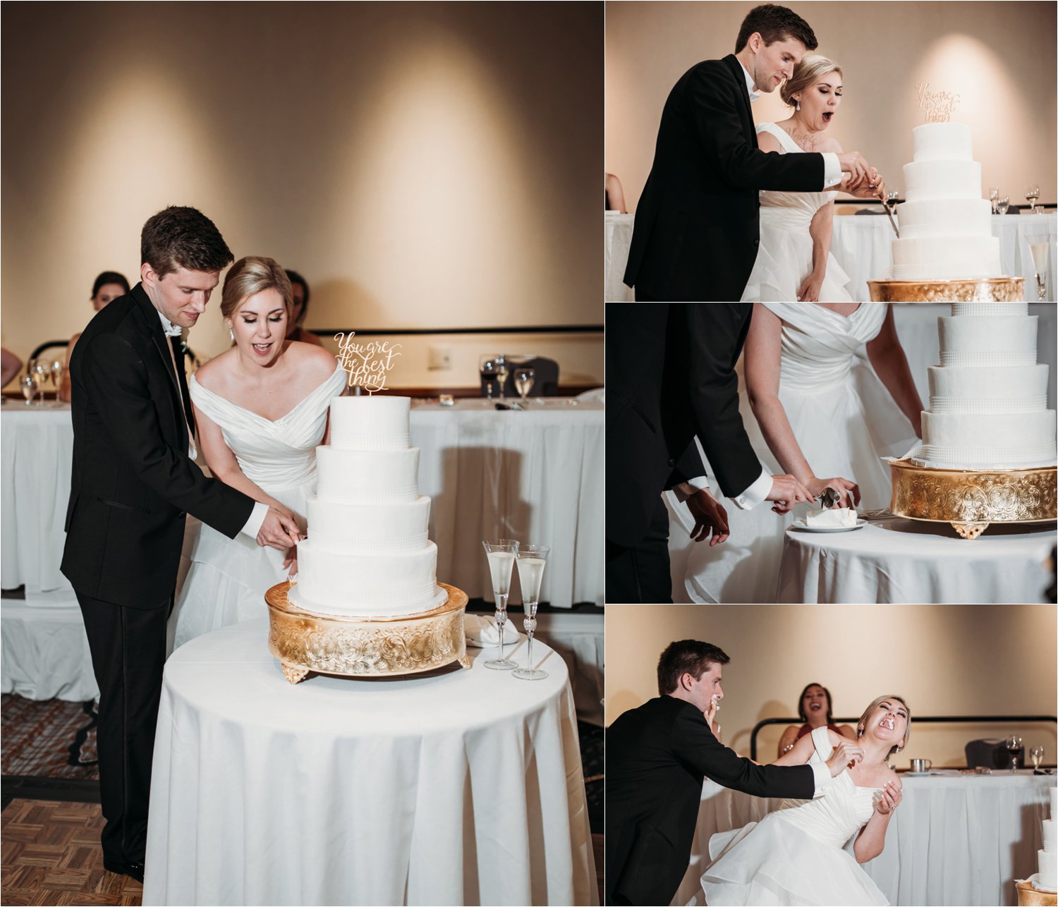  images by feliciathephotographer.com | destination wedding photographer | kansas city | summertime | classic | cake cutting | reception | details | sugar and spice catering | four tiers | pearl embellishments | silly | laughter | you are the best thing topper | 