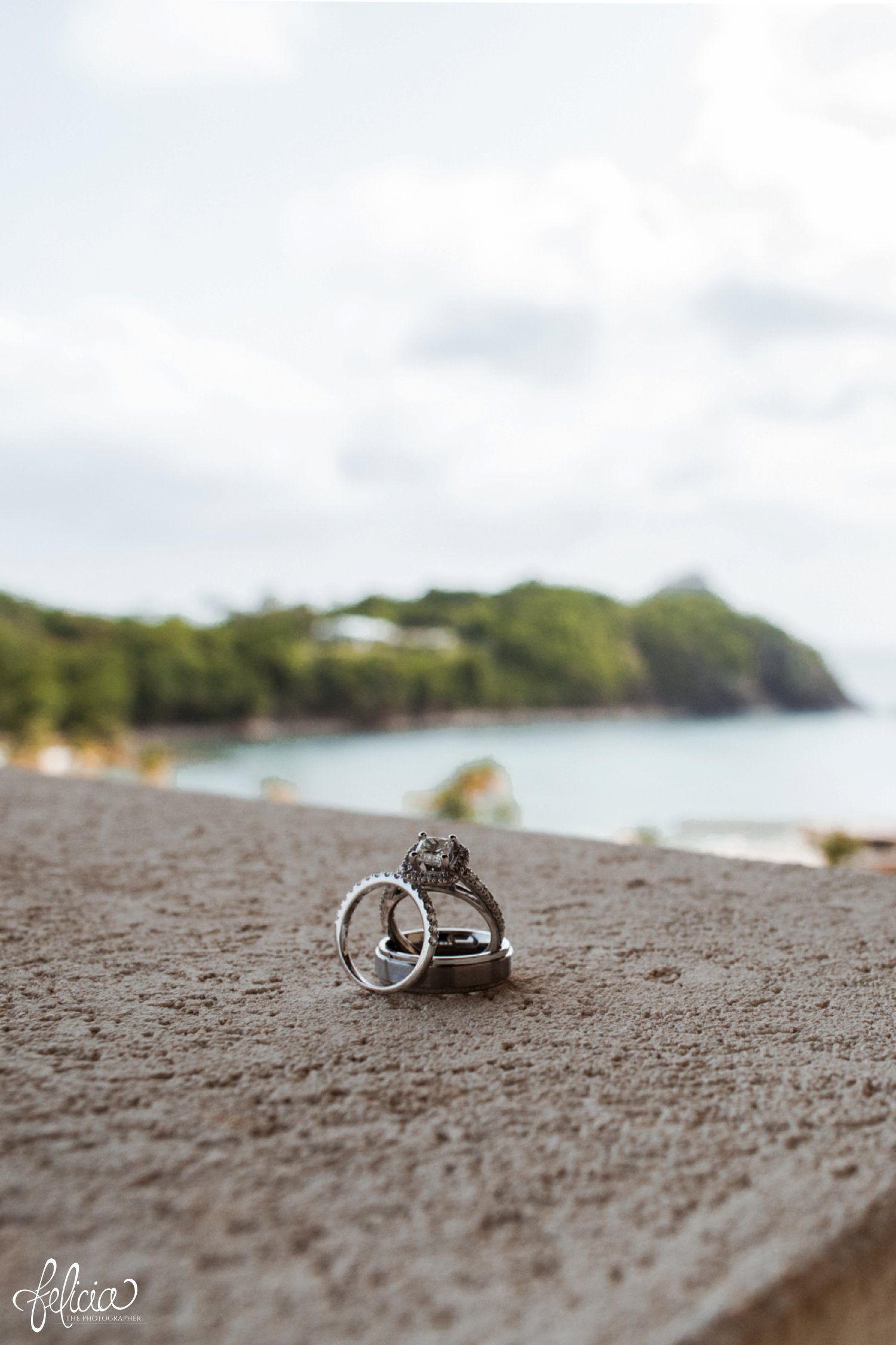   images by feliciathephotographer.com | destination wedding photographer | st lucia | l&s travel | the Royalton | getting ready | details | diamond halo setting engagement ring | silver band | beach | blue waters | nature | 