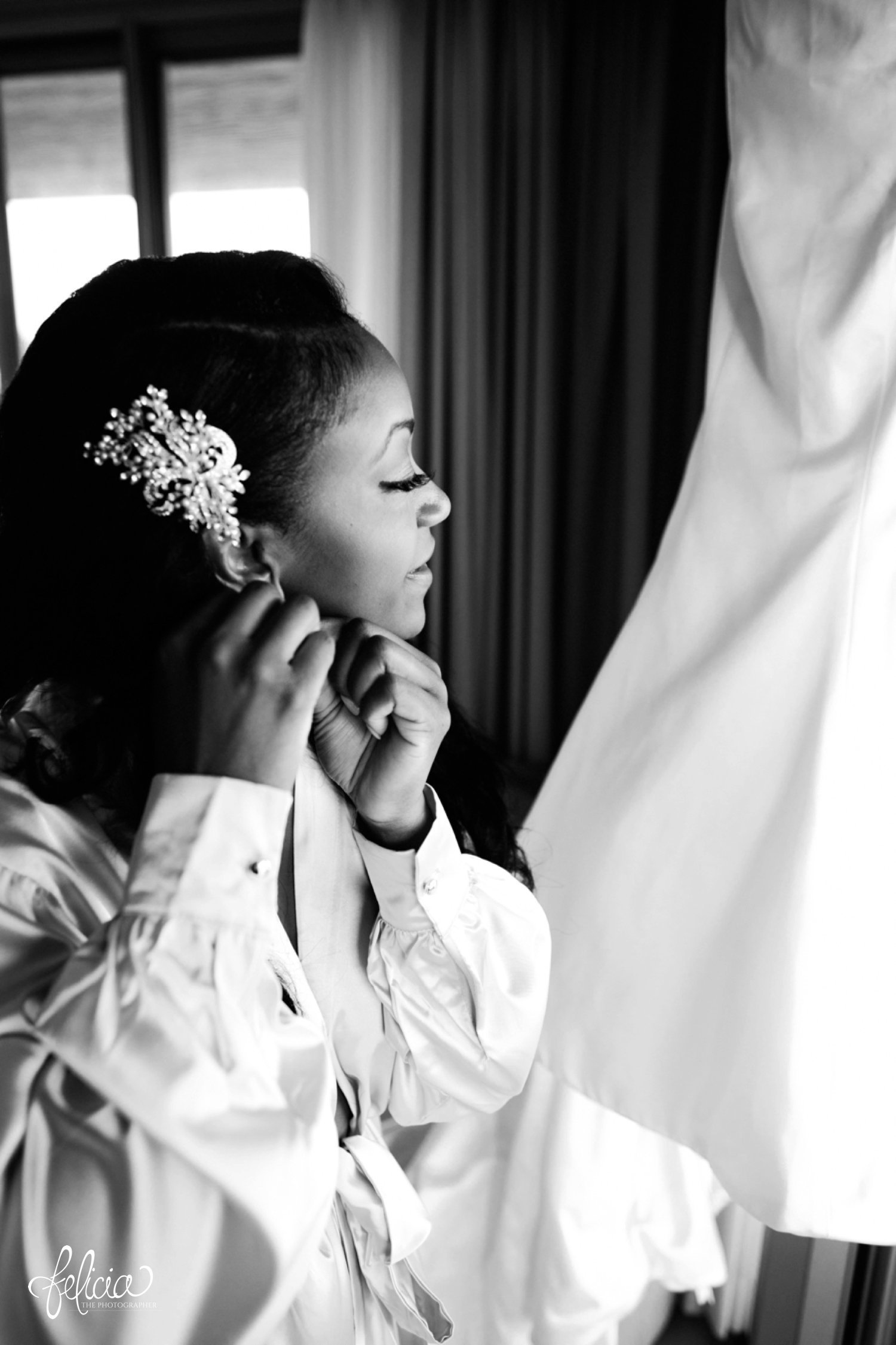   images by feliciathephotographer.com | destination wedding photographer | st lucia | l&s travel | the Royalton | getting ready | details | black and white | earrings | diamond hairpiece | white shirt | 