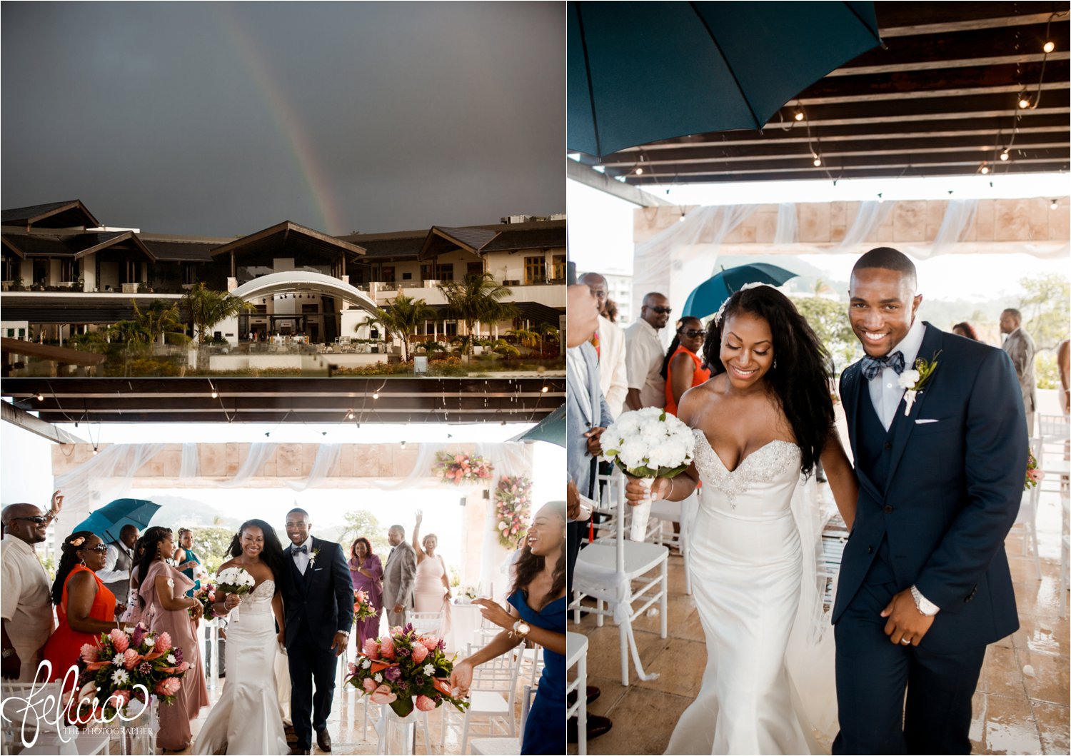   images by feliciathephotographer.com | destination wedding photographer | st lucia | l&s travel | the Royalton | ceremony | first kiss | exchanging vows | details | tropical | palm trees | navy suit | white satin gown | venue | rainbow | mr and mrs | 