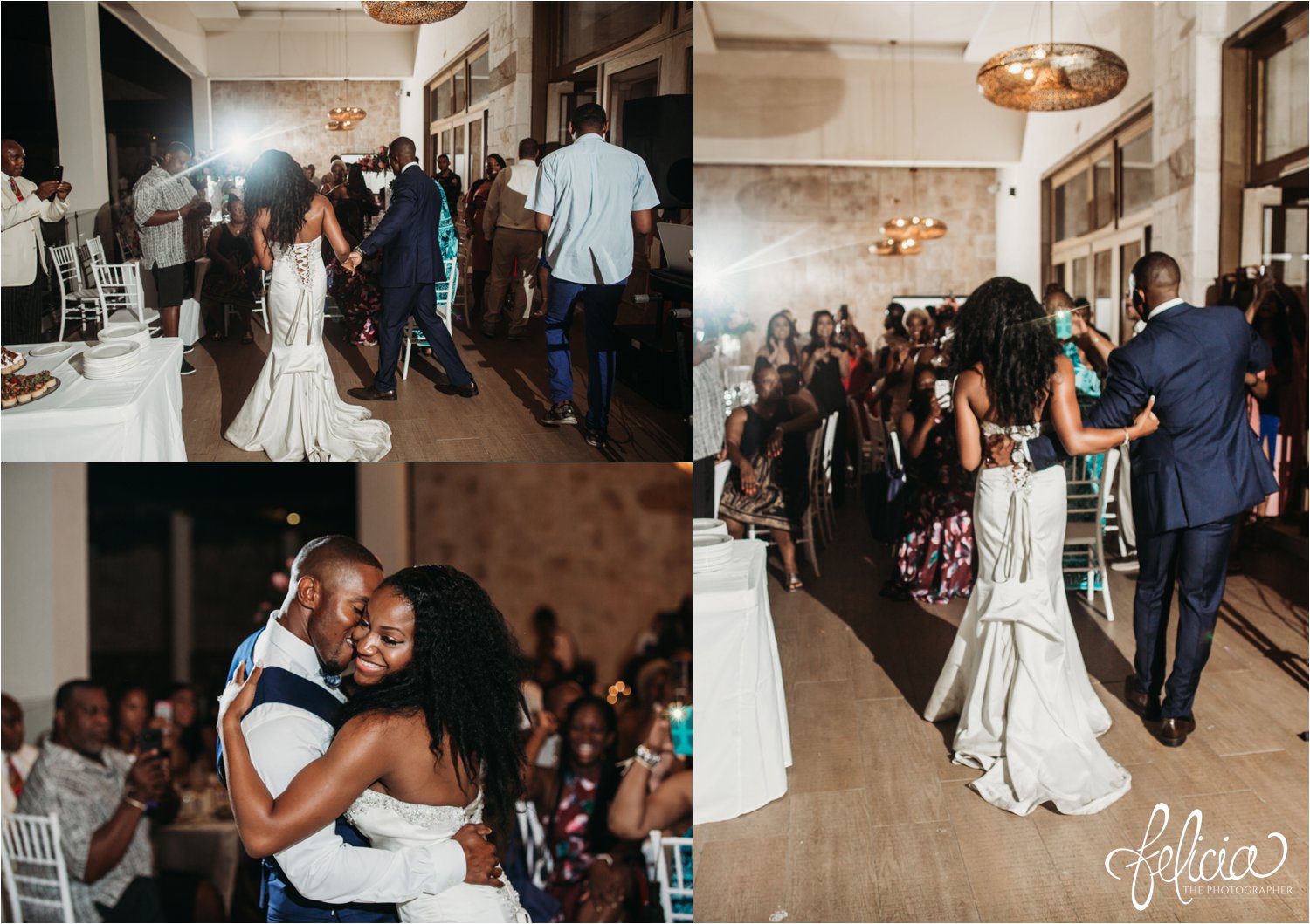   images by feliciathephotographer.com | destination wedding photographer | st lucia | l&s travel | the Royalton | reception | grand entrance | bride and groom | glamorous | details | first dance | white gown | lace up back | kleinfeld | navy suit | 