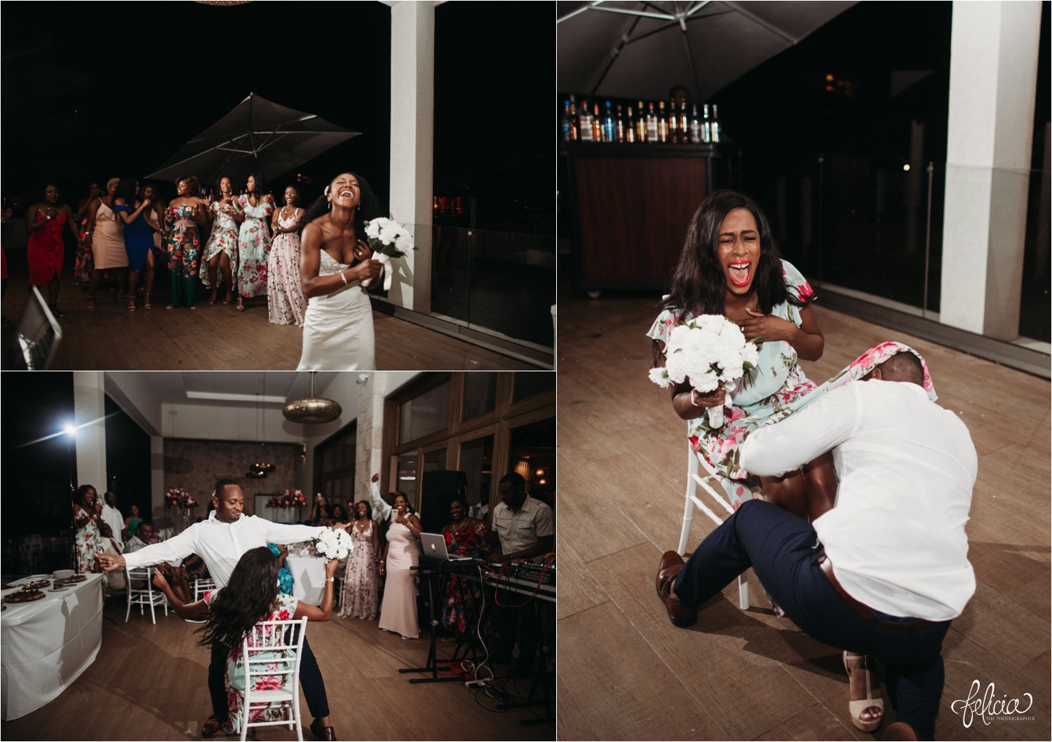   images by feliciathephotographer.com | destination wedding photographer | st lucia | l&s travel | the Royalton | reception | details | groom serenading bride | throwing the garter | white fitted gown | navy suit | tossing the bouquet | laughter | 