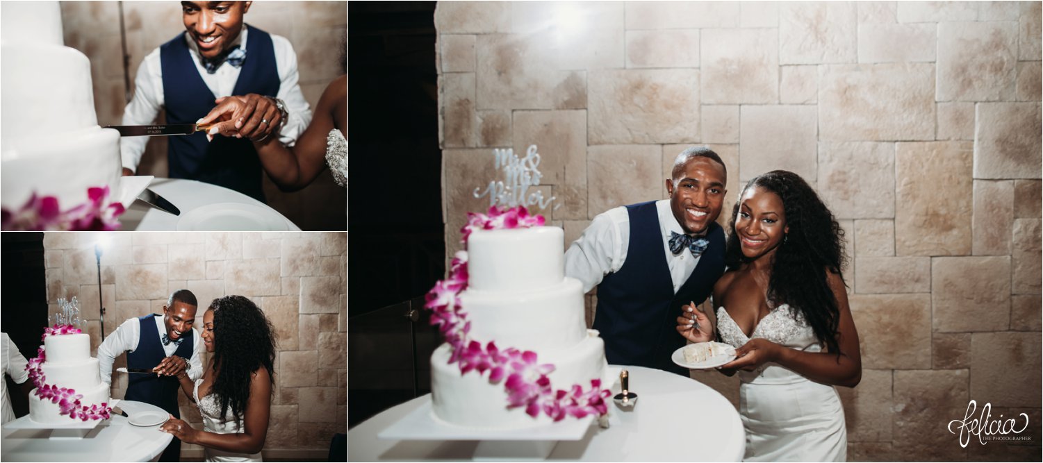   images by feliciathephotographer.com | destination wedding photographer | st lucia | l&s travel | the Royalton | reception | details | cutting the cake | bride and groom | pink orchids | tropical | mr and mrs butter | topper | 