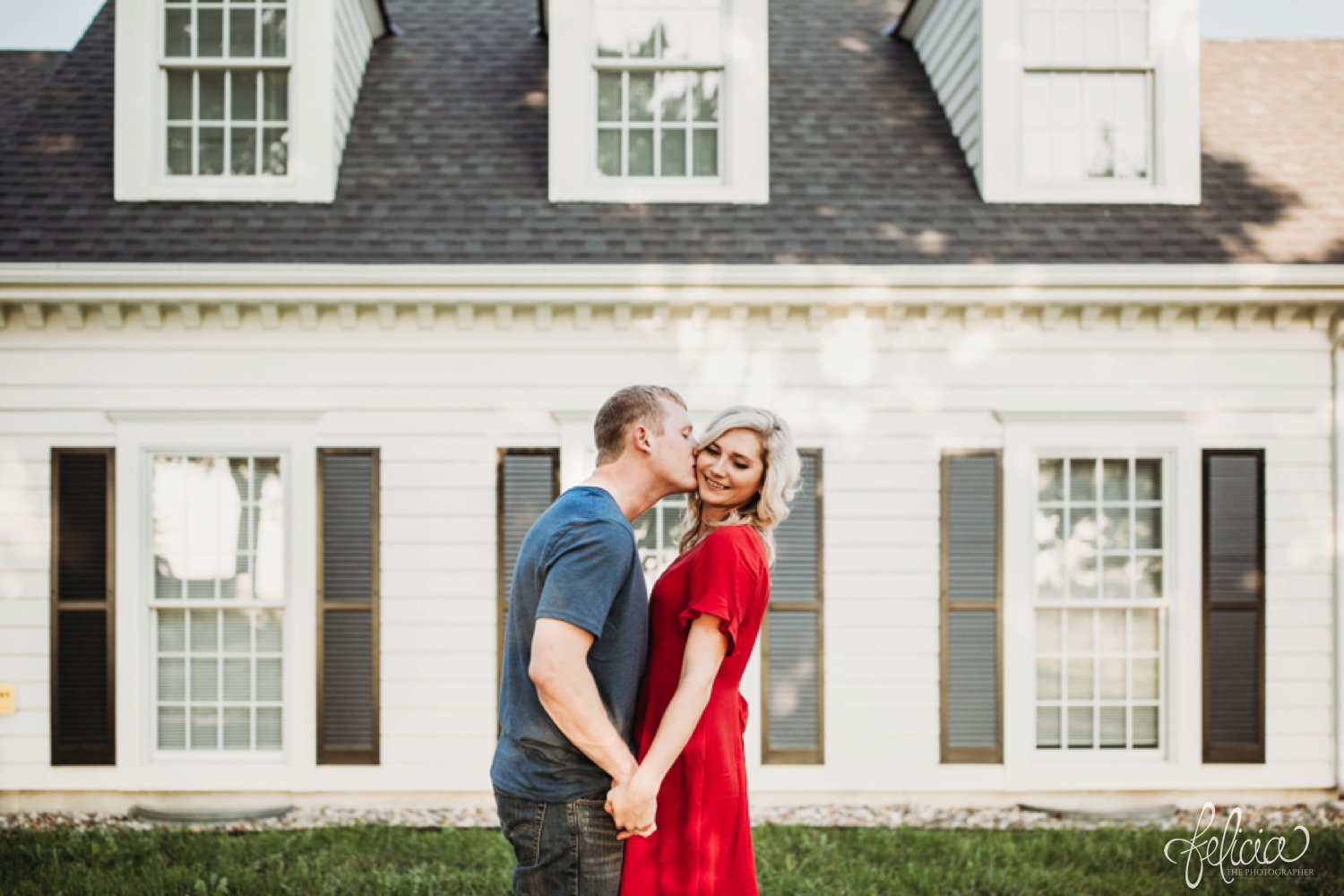 images by feliciathephotographer.com | destination wedding photographer | engagement | farmhouse | country | kansas city | sweet southern | red dress | nordstrom rack | unique halo diamond ring | casual | kiss | cowboy | 